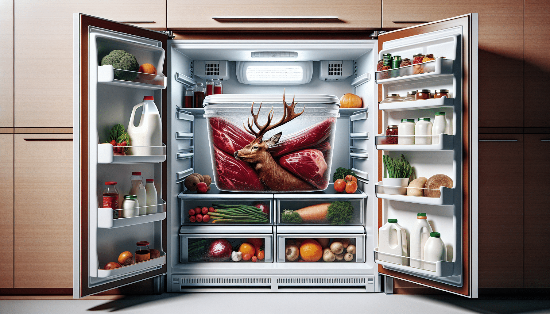 Create a hyper-realistic image representing the preservation of venison. Show a bright, clean refrigerator interior with various compartments. On a middle shelf, place a sealed, transparent container holding fresh deer meat, the brownish-red hue of the meat contrasting against the white interior of the fridge. Surround the container with other common fridge items like a jug of milk, a bowl of fruits, and an array of vegetables, but do not include any brand names, logos, text, or people in the image.