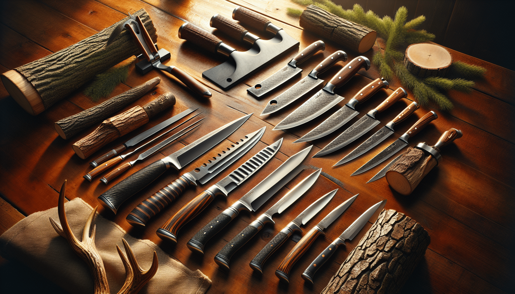 Display a hyper-realistic spread of various types of deer processing knives arranged in a curve on a polished wooden table. These knives should range from a hefty skinning knife with a textured grip, to a light boning knife with a fine, flexible blade, and a sturdy meat cleaver. A sharpening steel pulls the eye to the center of the arrangement. To frame the knives, scatter natural elements like freshly cut logs, green pine branches, and a deer antler. The lighting should be warm and natural, enhancing the shiny surface of the knives and the wood grain of the table.