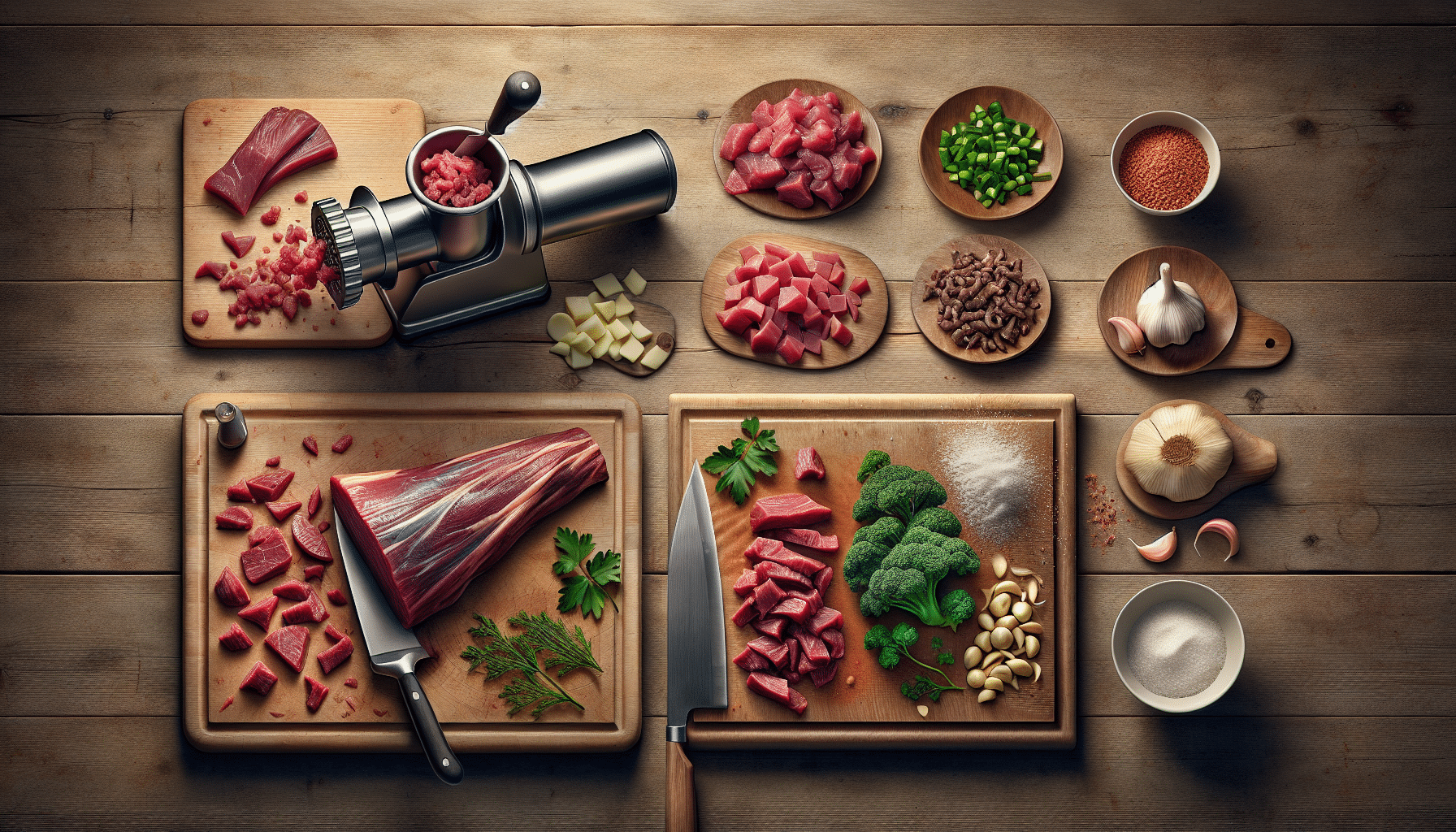 Create a hyper-realistic image illustrating the process of grinding deer meat without a grinder. The scene should depict primary steps of this procedure, which may include: a fresh piece of deer meat on a clean cutting board, a well-sharpened knife next to it; the meat being chopped into small pieces; and the finely diced meat in a bowl ready for cooking. Emphasize the textures and color variations in the meat and other elements for the hyper-realistic effect. Remember, no people, text, brand names or logos, should be present in the image.