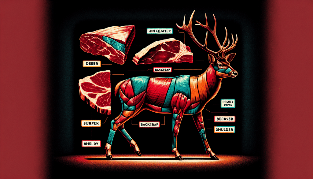 A vivid, hyper-realistic illustration presenting various cuts of deer meat that are suitable for making jerky. The illustration includes a side silhouette of a deer with the different cuts such as the hind quarter, backstrap, and front shoulder labels. Each cut is visually distinct and informative, exclusively focusing on the meat. It's a detailed and realistic image in a style reminiscent of culinary textbooks, devoid of brand names, logos, and human figures.