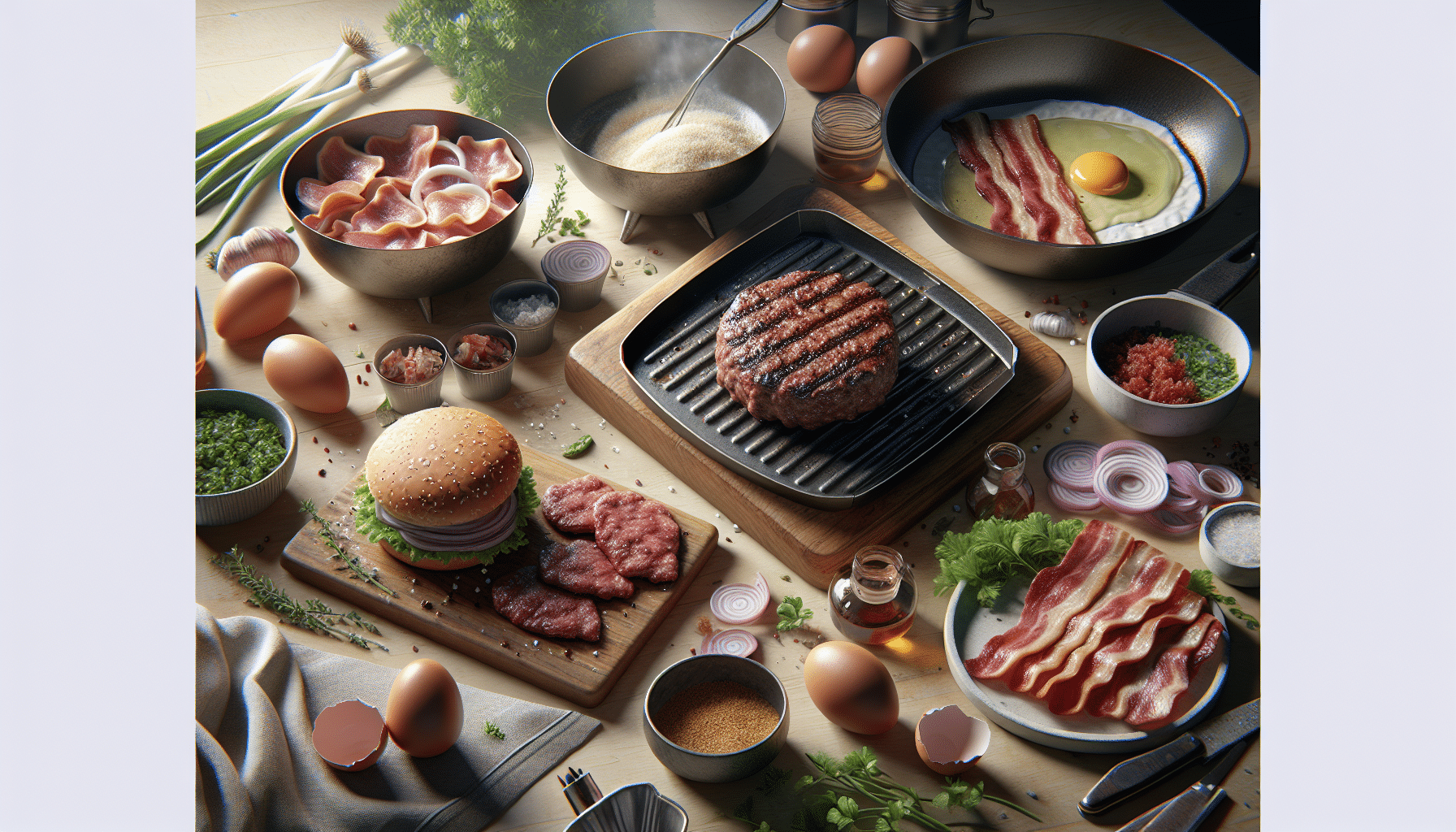 A hyper-realistic, text-free representation showcasing the process of making a juicy venison burger. The scene includes various ingredients spread across a neat kitchen counter, including fresh venison meat, diced onions, a bowl of breadcrumbs, an egg, fresh herbs, and slices of bacon. A turned on grilling pan is seen with a juicy venison burger getting cooked, the heat making the fats sizzle and letting off steam, while a cooked, juicy burger rests on a plain white plate beside. No human figures, brand names, logos or text elements are present in the scene.