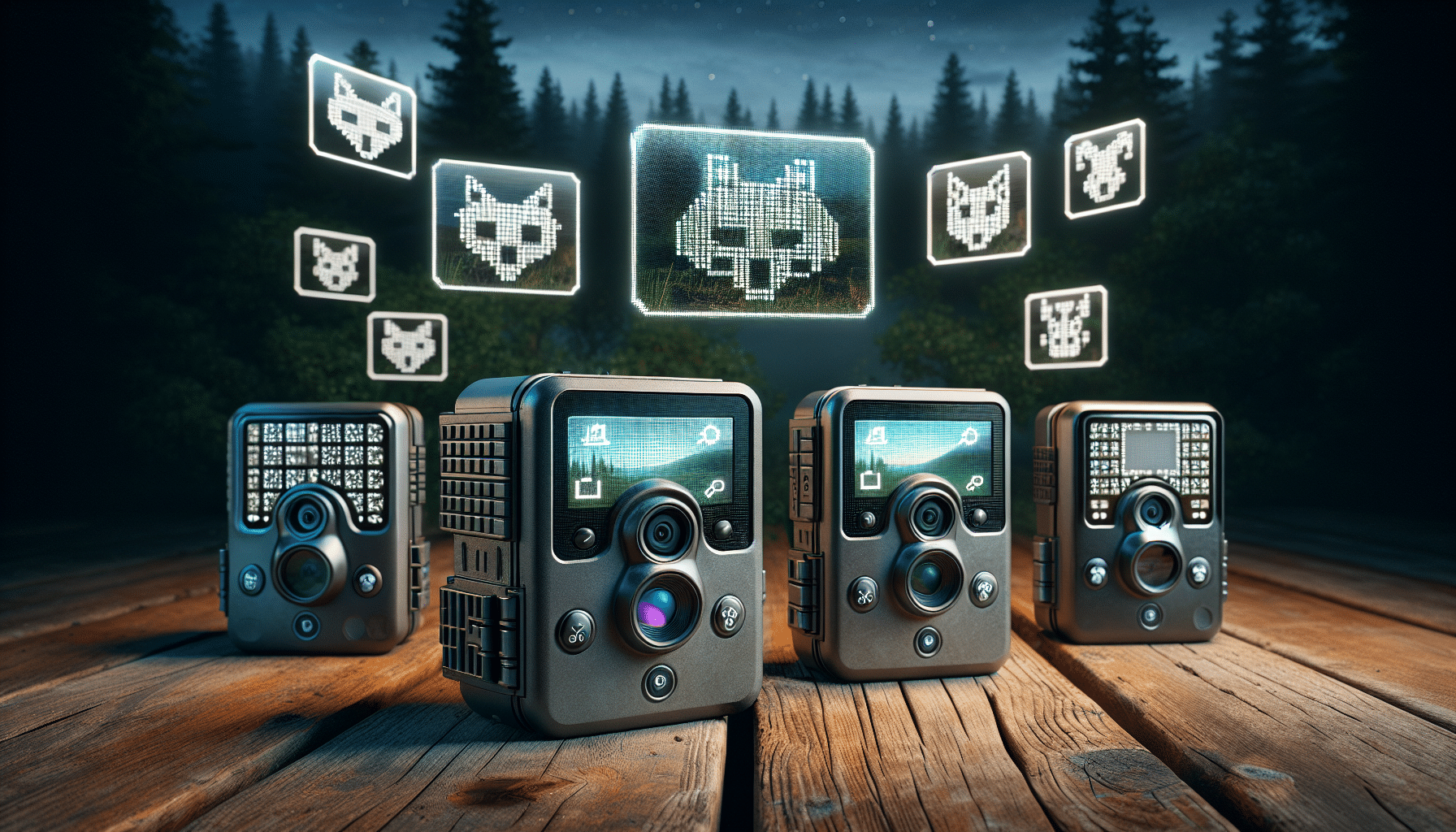 A hyper-realistic image of a few diverse trail cameras scattered on a rustic wooden table. Each camera is visibly set to a different quality setting, denoted by iconographic symbols displayed on their small LCD screens. Hovering above these cameras, (without obstructing the view), are three translucent images captured by those cameras, varying in quality according to their settings - one is pixelated, another medium quality and the last one extremely detailed. The backdrop is filled with forest scenery under a dusky sky, subtly indicating their field usage.
