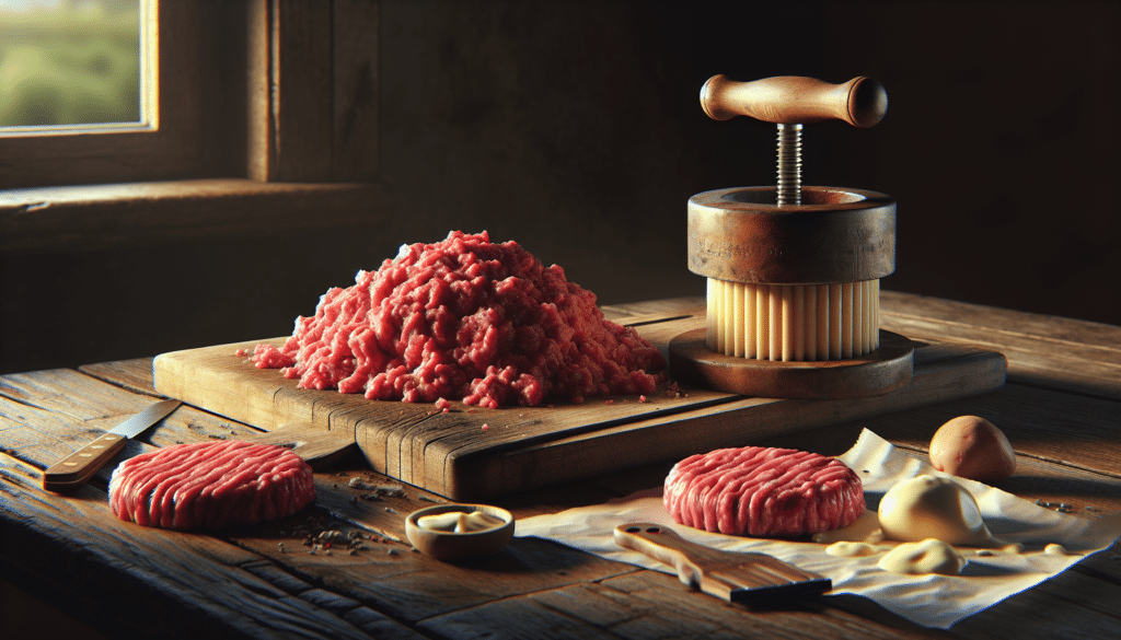 Visualize a hyper-realistic image. In the scene, a chopping board is placed on a rustic wooden kitchen table. Atop the board, lean, raw, freshly grounded deer meat is mixed with creamy fat. Each component is carefully distinguished. To the side, a wooden burger press waits to shape the mixture into patties. The setting is dimly lit, creating a cozy atmosphere reflecting the close attention to detail and precision involved in the preparation of the burgers. The shadows and lighting emphasize the texture of the meat and fat.
