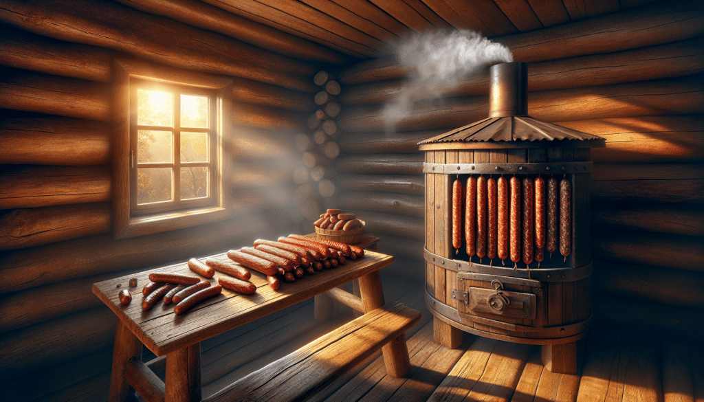Illustrate a scene inside a traditional wood cabin, as the golden rays of the setting sun filter through the window. Inside, a sturdy wooden table is centered and on it, a variety of raw deer sausages are laid out, their rich color hinting at the tasty game meat. Nearby, an old-fashioned smokehouse stands ready, with puff of smoke billowing from its chimney, indicating that it's preparing delicious deer summer sausage. The image should embody hyper-realism, capturing every minute detail of the rustic wood grains, the intricate char patterns on the smokehouse, and the texture of the sausages.