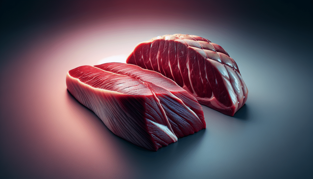 A highly realistic and detailed conceptual image of a pair of cuts from a deer. On one side, there's a tenderloin. The cut is elegant and fine-grained, exuding freshness. It's lean with a noticeable silverskin and thin shape, embodying the prime essence of venison. On the other side, there is a backstrap, more robust in appearance and size, with evident marbling and a glossy, appetizing surface. The color of each is a rich, deep red, reflecting the gamey, unique taste that comes with venison. A subtle gradient background highlights each cut, showcasing their attributes in isolation as there are no people or branded items within the image.