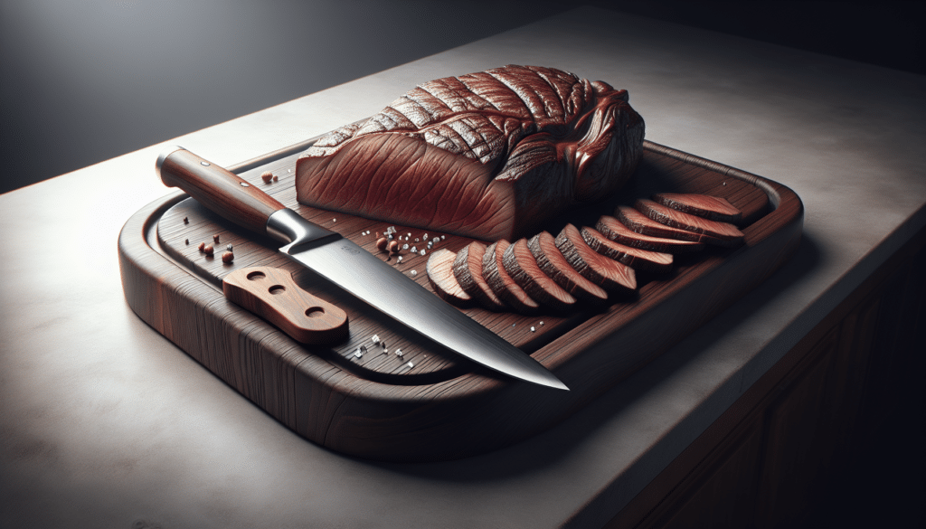 A highly detailed and hyper-realistic illustration of a venison steak on a clean, dark wood cutting board with hints of texture and grain. On one side of the steak, there's a well-crafted chef knife with a gleaming blade, showcasing its sharpness. On the other side of the steak, there's a pile of thin venison slices, showcasing the perfect thickness for stir fry. Lastly, the background features a simple, minimalist kitchen countertop without additional objects, brands or people. The entire scene is surrounded by a soft, evenly distributed light making the venison and the sliced pieces the main focus of the image.