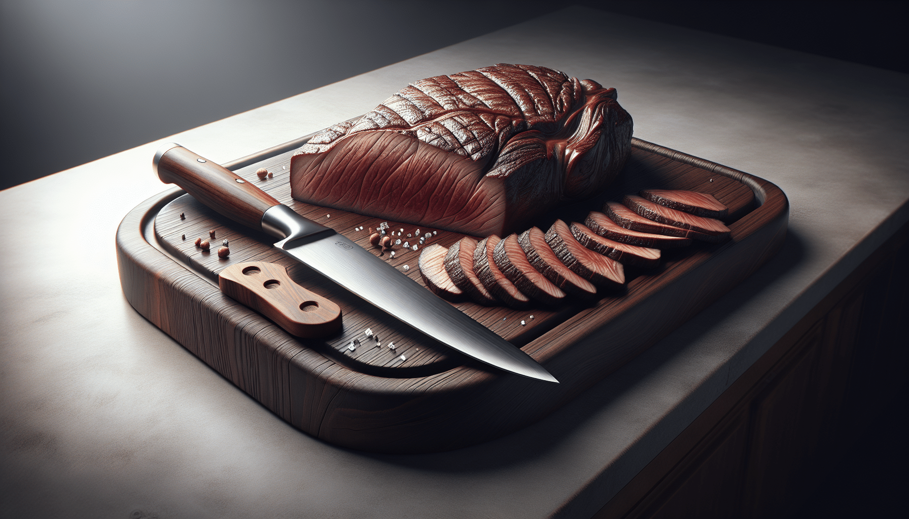 A highly detailed and hyper-realistic illustration of a venison steak on a clean, dark wood cutting board with hints of texture and grain. On one side of the steak, there's a well-crafted chef knife with a gleaming blade, showcasing its sharpness. On the other side of the steak, there's a pile of thin venison slices, showcasing the perfect thickness for stir fry. Lastly, the background features a simple, minimalist kitchen countertop without additional objects, brands or people. The entire scene is surrounded by a soft, evenly distributed light making the venison and the sliced pieces the main focus of the image.