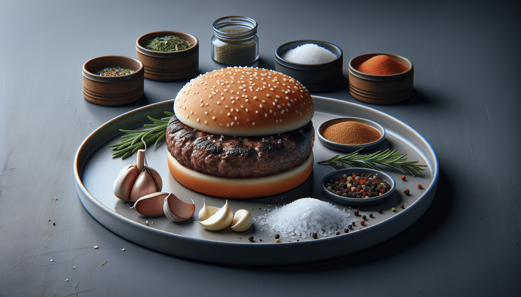 A hyper-realistic image showcasing a plate containing a big, juicy deer burger, its meat cooked to perfection. Beside the burger are laid out various types of seasoning ingredients. The plate contains a little sea salt, freshly ground black pepper, a sprig of fresh rosemary, few cloves of garlic, a small heap of smoked paprika, and some crushed dry herbs. No people are present in the image and any subtly visible containers for the seasoning do not bear any text or brand logos.