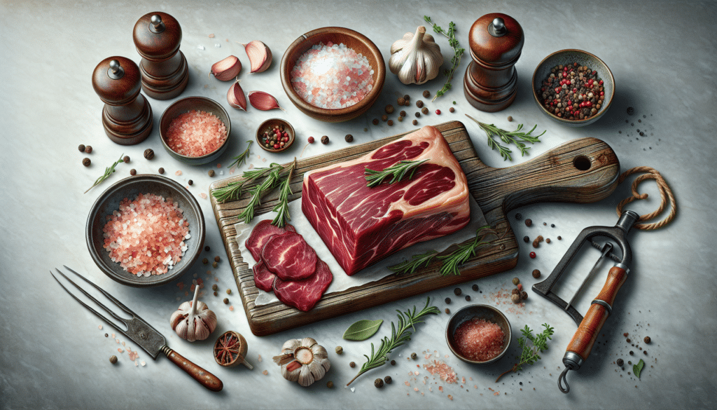 Illustrate a highly realistic image of a kitchen scene where a section of venison is being cured to make deli meat. The venison should be fresh and raw, set on a clean, marble countertop. Beside the venison, there should be traditional curing ingredients like a bowl of pink Himalayan sea salt, some pepper corns, crushed garlic cloves, and sprigs of fresh rosemary and thyme are scattered around. A small ceramic dish with brown sugar can be seen close by. On the other side of the piece of venison, there's a wooden curing board with an old fashioned hand meat slicer. There are no brand logos, text or people present in the scene.