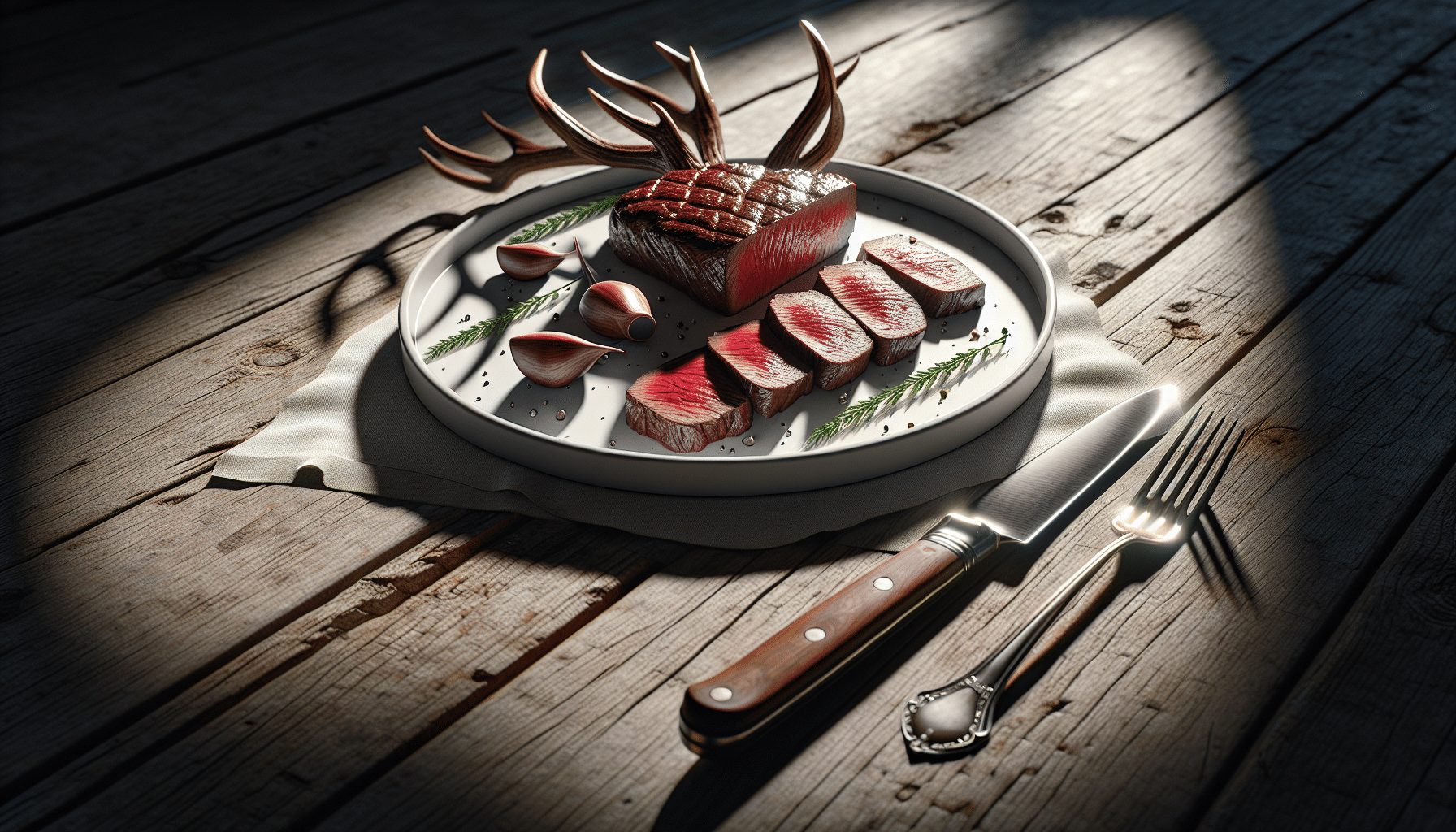 A hyper-realistic scene of a platter with slices of deer steak prepared rare rests atop a rustic wooden table. The plate is white and minimally decorated without brand symbols or text. An environment shadow is beneath the plate, revealing the ambient light source from the left. A knife and fork lie ready for use to the right side of the plate, their polished metal surfaces reflecting the light subtly. To the left of the plate, a small pair of antlers hint at the source of the meat. All riches in the detail and texture, shine with a glossy, appetizing quality under the light.
