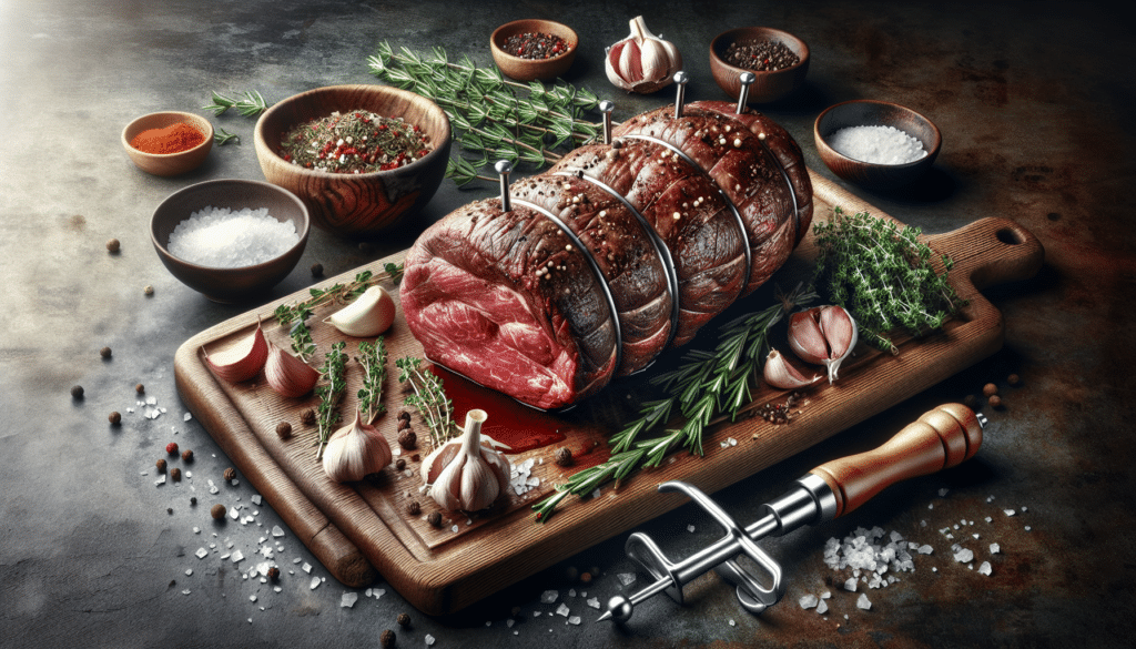 A visually highly detailed and realistic image of a tough deer roast placed on a wooden chopping board, surrounded by various unbranded herbs, and spices - including rosemary, crushed garlic, fresh thyme, black pepper, and coarse salt. The roast has been freshly pierced with a stainless steel meat tenderizer, and the instrument is laid next to the roast. In the background, a bowl of homemade marinate is visible. There are no people or text present in the picture.