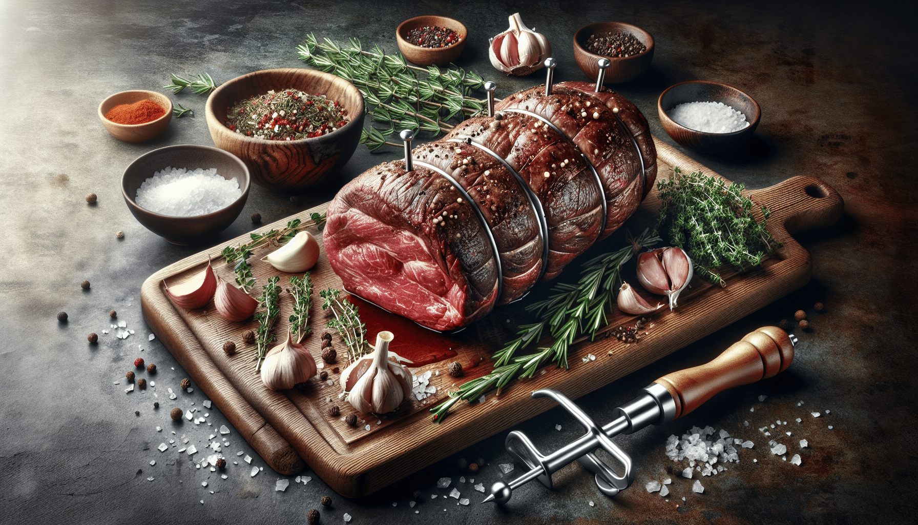 A visually highly detailed and realistic image of a tough deer roast placed on a wooden chopping board, surrounded by various unbranded herbs, and spices - including rosemary, crushed garlic, fresh thyme, black pepper, and coarse salt. The roast has been freshly pierced with a stainless steel meat tenderizer, and the instrument is laid next to the roast. In the background, a bowl of homemade marinate is visible. There are no people or text present in the picture.
