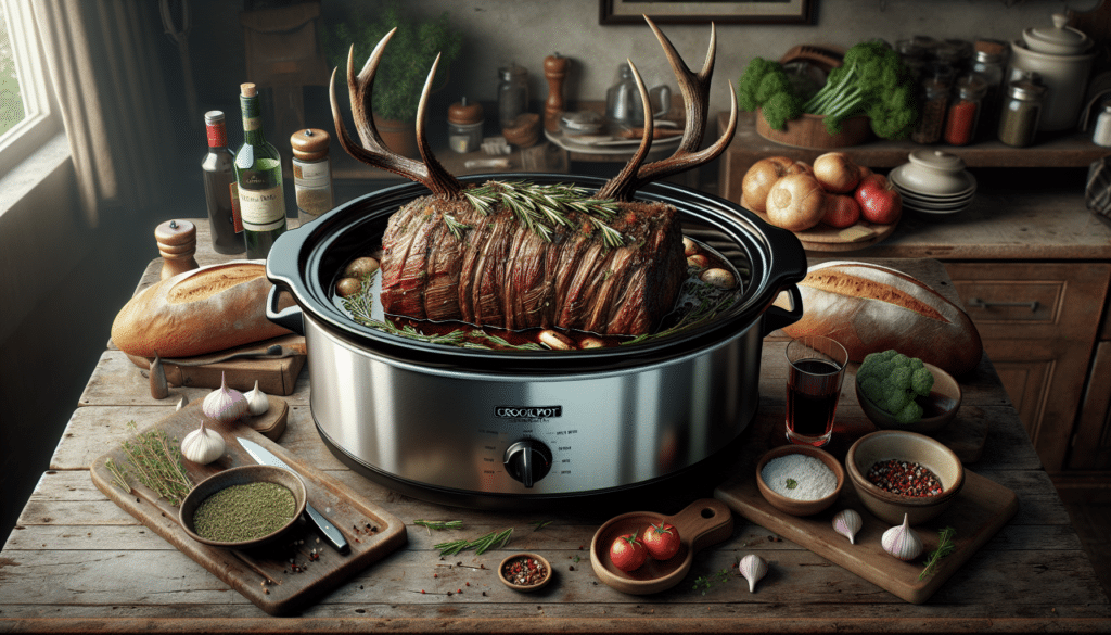 An ultra realistic image of a succulent given deer roast resting within the confines of a classic crockpot. The roast exudes a golden-brown crust with aromatic herbs like rosemary and thyme scattered atop it. The crockpot sits on a rustic wooden table, surrounded by raw ingredients like chopped vegetables, a collection of spices, a loaf of crusty bread and a bottle of red wine, all ready to complement the hearty meal. The setting is an idyllic rustic kitchen with soft lighting, yet no people or brand names are visible within the scene.