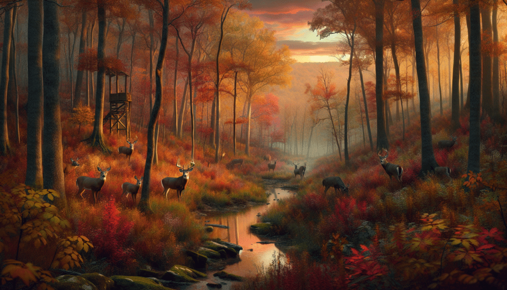 Hyper-realistic image depicting the public lands of the Ozarks, rich in deer wildlife. Picture a lush and dense forest bathed with the soft, earthen hues of autumn - orange, red, and gold mixed with pockets of resilient green. Studded among the trees, capture deer quietly grazing or standing alert, their antlers silhouetted against the permeating dusk light. A clear stream winds through the landscape, its surface mirroring the colors of the crisp foliage reflected onto it. Possibly in the distance, paint a hint of a rustic lookout tower, suggesting the purpose of deer hunting without directly showing humans.