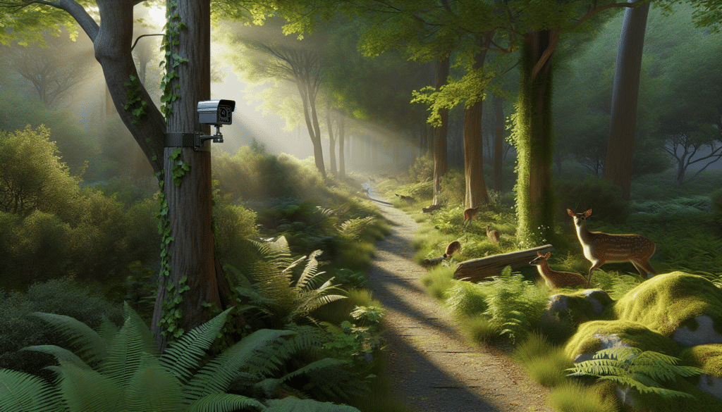 A highly realistic depiction of a lush forest trail bathed in early morning light. Off to one side of the trail, a discrete trail camera can be seen mounted on a tree trunk, its lens focused on the pathway. Various wildlife, such as deer and birds, roam about in the environment, behaving naturally as if undisturbed by humans. The balance between technology and nature is carefully portrayed, subtly implying the importance of regular monitoring without the intrusion of actual people or any textual information.