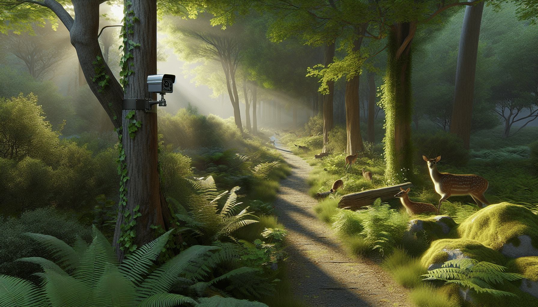 A highly realistic depiction of a lush forest trail bathed in early morning light. Off to one side of the trail, a discrete trail camera can be seen mounted on a tree trunk, its lens focused on the pathway. Various wildlife, such as deer and birds, roam about in the environment, behaving naturally as if undisturbed by humans. The balance between technology and nature is carefully portrayed, subtly implying the importance of regular monitoring without the intrusion of actual people or any textual information.