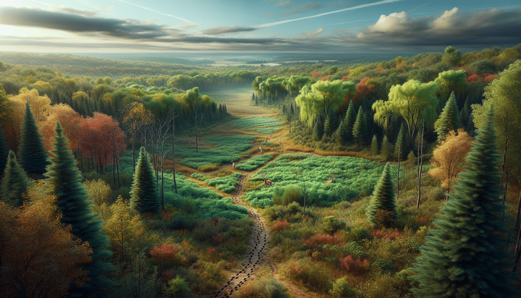 A hyper-realistic, unspoiled landscape of Buffalo County in Wisconsin during the hunting season. The environment offers expanses of lush greenery interspersed with autumn colors, showcasing the diversity of the natural world in the region. There are noticeable signs of deer activity with hoof prints on the muddy paths and faint trails in the vegetation. There's notable absence of human presence, in line with the 'free public land for deer hunting' theme. A well-worn hiking path may be seen winding through the woods. No logos, trademarks, or text should be present in this natural scene.