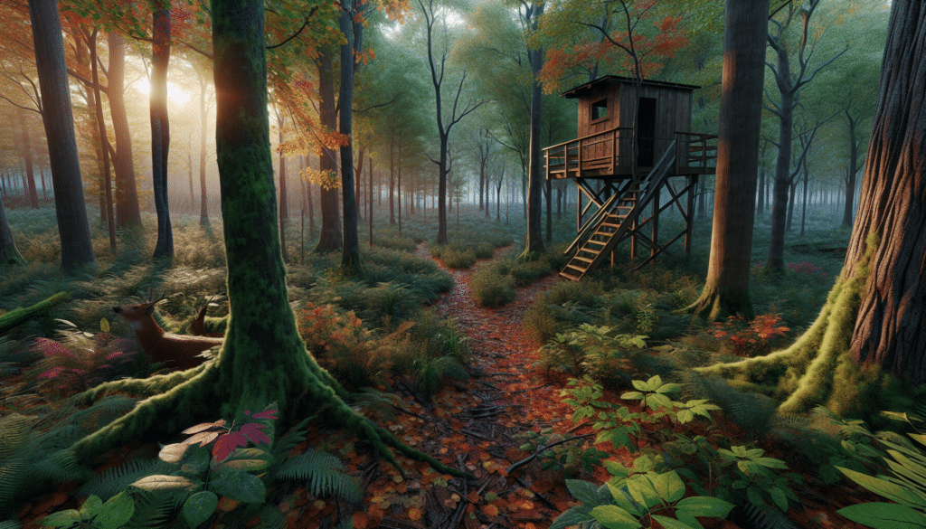 A hyperrealistic image of a pristine woodland scene, representative of Pike County, Illinois. The area is abundant in large, healthy trees with a variety of species, and colorful underbrush. The forest floor is covered with autumn leaves and there's a sign of animal activity, indicating a good hunting ground. A typical deer trail winds through some of the thickest parts of the woods. Nearby, there is a simple wooden hunting blind strategically positioned. The sunrise peeks through the foliage creating an atmospheric light effect.