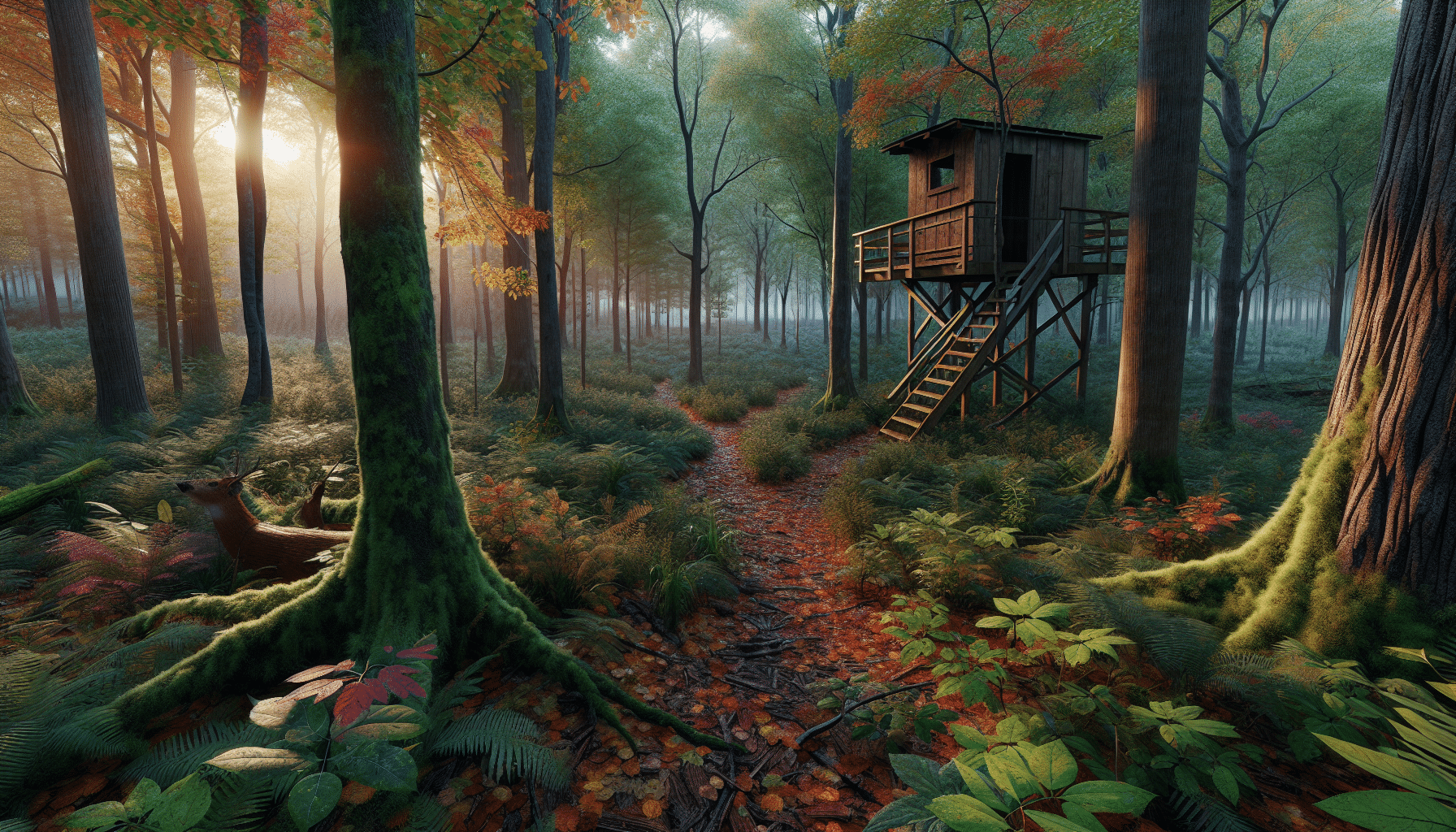A hyperrealistic image of a pristine woodland scene, representative of Pike County, Illinois. The area is abundant in large, healthy trees with a variety of species, and colorful underbrush. The forest floor is covered with autumn leaves and there's a sign of animal activity, indicating a good hunting ground. A typical deer trail winds through some of the thickest parts of the woods. Nearby, there is a simple wooden hunting blind strategically positioned. The sunrise peeks through the foliage creating an atmospheric light effect.