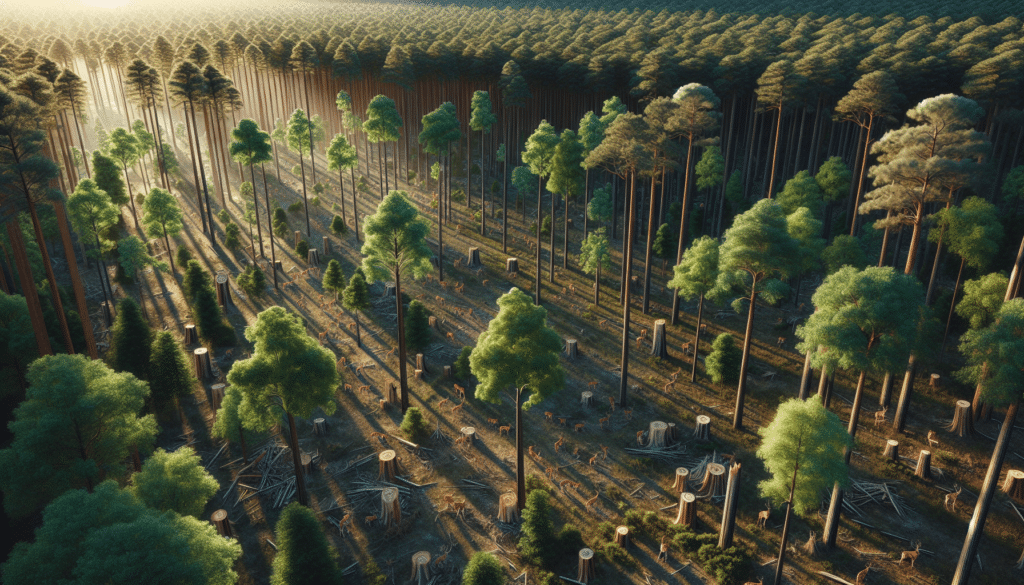 An expansive forest, composed of pine and oak trees, bathed in the warm glow of the Southern Sun at the outskirts of a timber company's land. Predominantly, the trees are full of lush, green leaves, interspersed with trunks showing signs of timber cutting. Among the woods, a group of whitetail deer is grazing peacefully on the forest floor, unaware of the proximity of the human element. The late afternoon sunshine filters through the canopy, casting long, dancing shadows across the scene. No human presence, brand names, logos, or text are anywhere to be seen. The image has hyper-realistic detail, highlighting the intricate nuances of both flora and fauna.