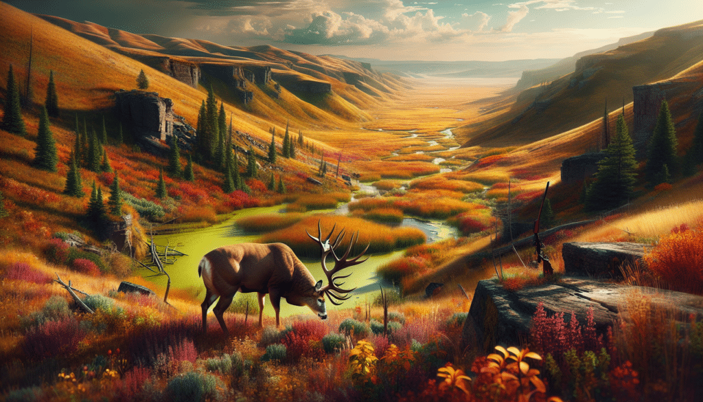 A scene in Eastern Montana on a Bureau of Land Management tract, rich with diversity of the local flora, coloring the landscape in stunning shades of autumn. Witness a majestic deer, its antlers grand and imposing, grazing in the great expanse of grasslands. The terrain is rugged and untouched, vibrant under the sprawling skies. Small streams and rocky canyons dot the landscape, creating a natural haven for wildlife. The image should convey the spirit of a successful hunting trip, without directly featuring any hunt or hunte. Render in a hyper realistic style, making every detail crisp and lifelike.