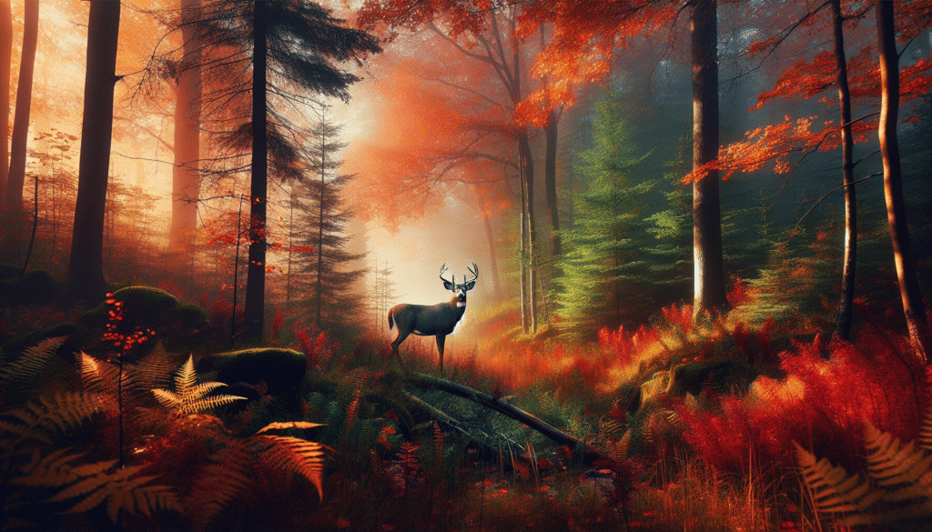 A hyper-realistic scene from the upper peninsula of Michigan, immersed in the dense foliage and shades of a national forest in autumn. A deer, majestic and poised, stands alert in a clearing, the morning mist casting an ethereal glow on its striking silhouette. The woods are alive with the energetic hues of fall, from the auburn carpet of fallen leaves to the brilliant orange and red trees. The natural tranquility and solitude of the scene, free of any human presence or branded objects, enhance the raw beauty of the wilderness.