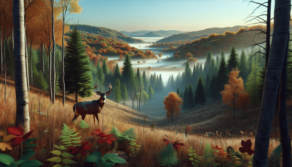 A hyper-realistic landscape scene featuring rolling hills and lush woodland in the mid-western United States during early fall. Bright autumn colors are starting to show in the leaves, and morning mist hovers near the ground. In the distance, a majestic whitetail buck is cautiously stepping out from the edge of the forest. The beautiful creature, in peak health, is clearly identifiable by its large, branched antlers. The setting is serene and undisturbed, embodying the quiet, overlooked beauty of these underappreciated states. No people, text, or brand logos are present in the scene.