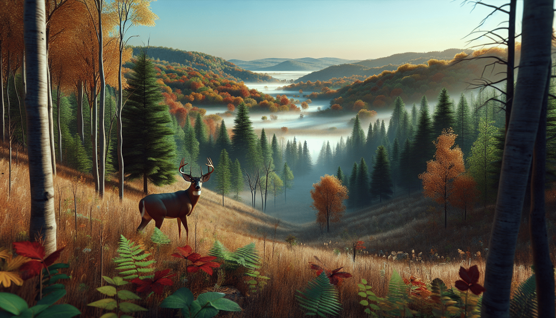 A hyper-realistic landscape scene featuring rolling hills and lush woodland in the mid-western United States during early fall. Bright autumn colors are starting to show in the leaves, and morning mist hovers near the ground. In the distance, a majestic whitetail buck is cautiously stepping out from the edge of the forest. The beautiful creature, in peak health, is clearly identifiable by its large, branched antlers. The setting is serene and undisturbed, embodying the quiet, overlooked beauty of these underappreciated states. No people, text, or brand logos are present in the scene.