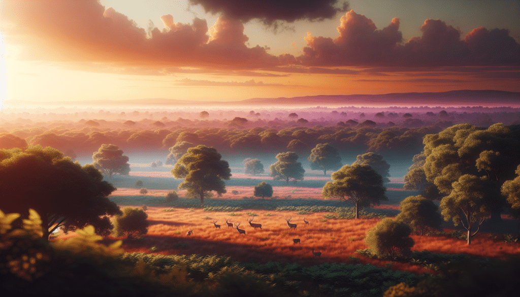 An ultra realistic landscape of a vast public land during dawn. The light casting a serene ambiance on the terrain that's covered in layers of orange and purple hues. Among the dense foliage of vividly green deciduous trees, spot a few unpressured deer peacefully grazing on the grass. The image suggesting calm and tranquility, highlighting an ideal habitat for deer, free from human intervention. Avoid any sign of human presence, text or branding.