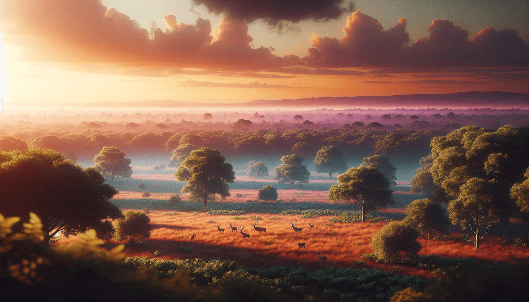An ultra realistic landscape of a vast public land during dawn. The light casting a serene ambiance on the terrain that's covered in layers of orange and purple hues. Among the dense foliage of vividly green deciduous trees, spot a few unpressured deer peacefully grazing on the grass. The image suggesting calm and tranquility, highlighting an ideal habitat for deer, free from human intervention. Avoid any sign of human presence, text or branding.