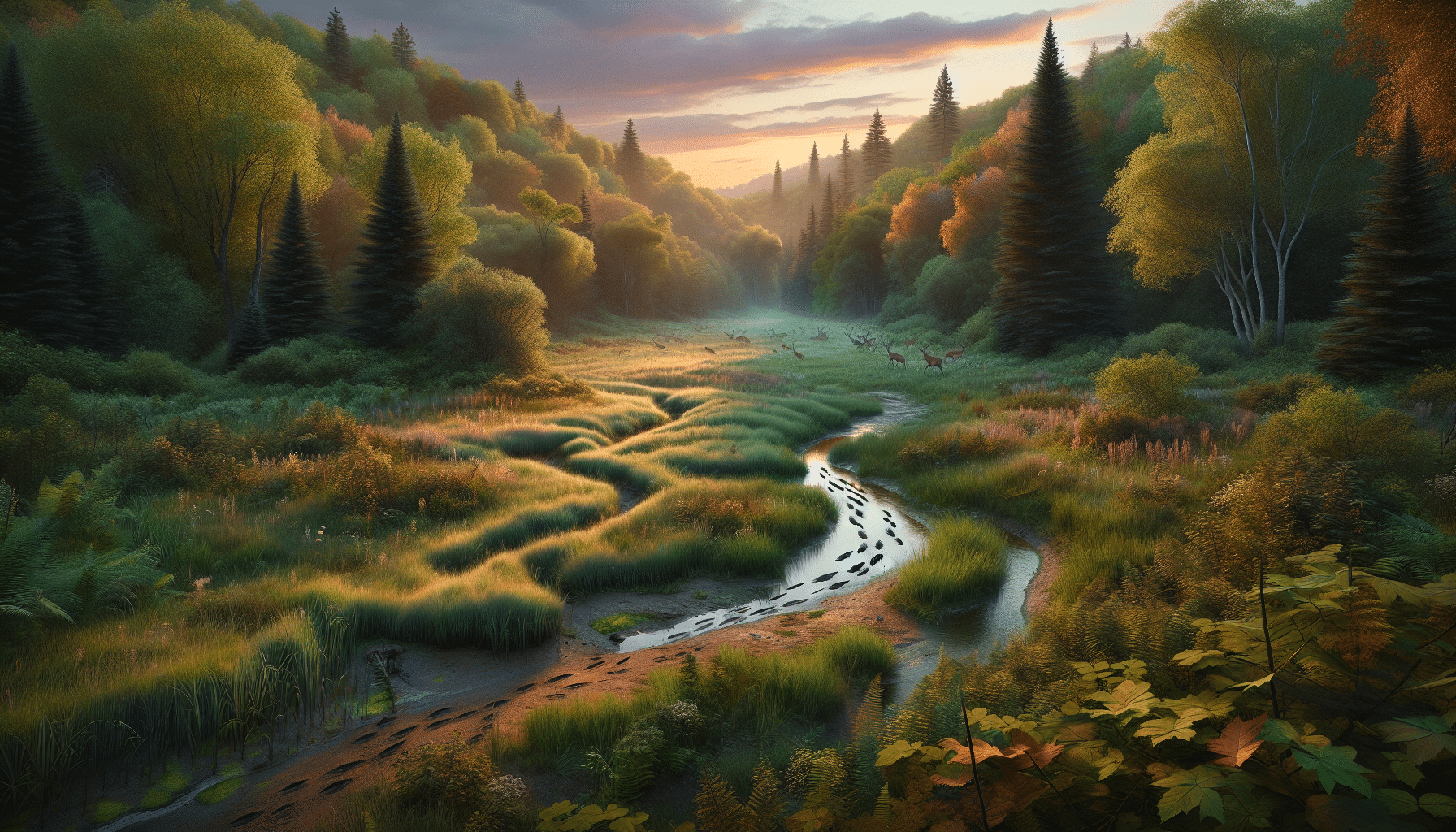 Hyper realistic image with a vivid portrayal of a sprawling expanse of public land, full of lush greenery, dense woods, and a quiet stream meandering its way through the landscape. Soft sunset hues drape over the scene, illuminating the foliage with an autumnal glow. In the foreground, faint deer tracks are visible in the soft mud alongside the stream, hinting at the presence of deer in the vicinity. The image should also offer subtle signs of deer foraging habits, like nibbled vegetation and scattered droppings, but no physical deer or human presence is included in this tranquil scene.