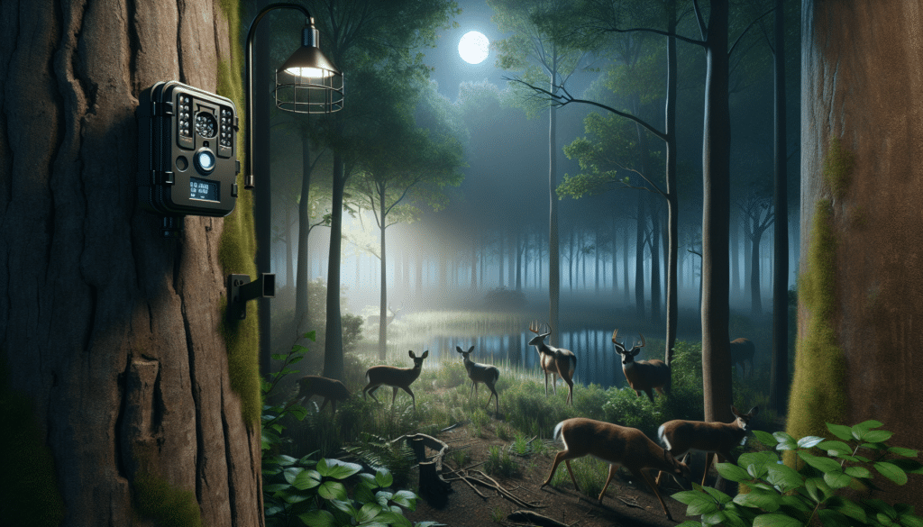 Create a hyper-realistic image that conveys the question: why do deer only show up on trail cameras at night? The image should depict a serene forest at night, moonlight filtering through dense foliage to illuminate a quiet clearing. A trail camera is mounted on a tree, its infrared light imperceptible to the naked eye. In the clearing, several deer of different ages and sizes cautiously roam and browse. The camera silently captures their nighttime activities; the image devoid of any brand names, logos or human figures.