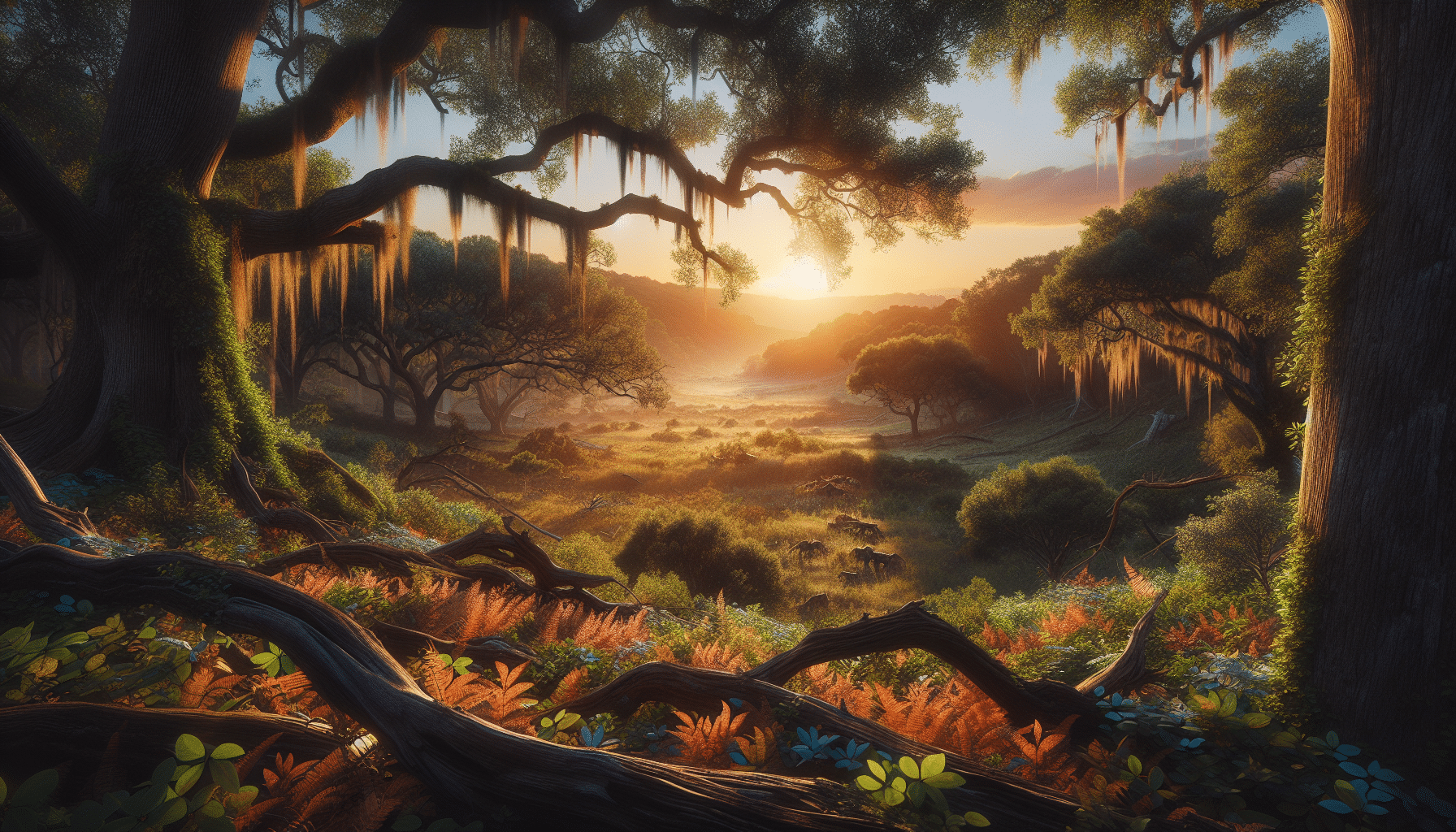 Create a hyper-realistic image of a Southern landscape filled with lush foliage and mature trees. The terrain should be representative of Plum Creek Timber Land, a diverse mix of dense groves, clearings, and gentle slopes, all bathed in the warm, soft glow of the setting sun. There are no human figures or man-made objects. Instead, the scene is dominated by the intrinsic beauty of nature itself. Showcase rugged bark textures, the vibrant colors of fallen leaves, and the dramatic interplay of light and shadow across the landscape. Remove all brand marks, text, and logos.