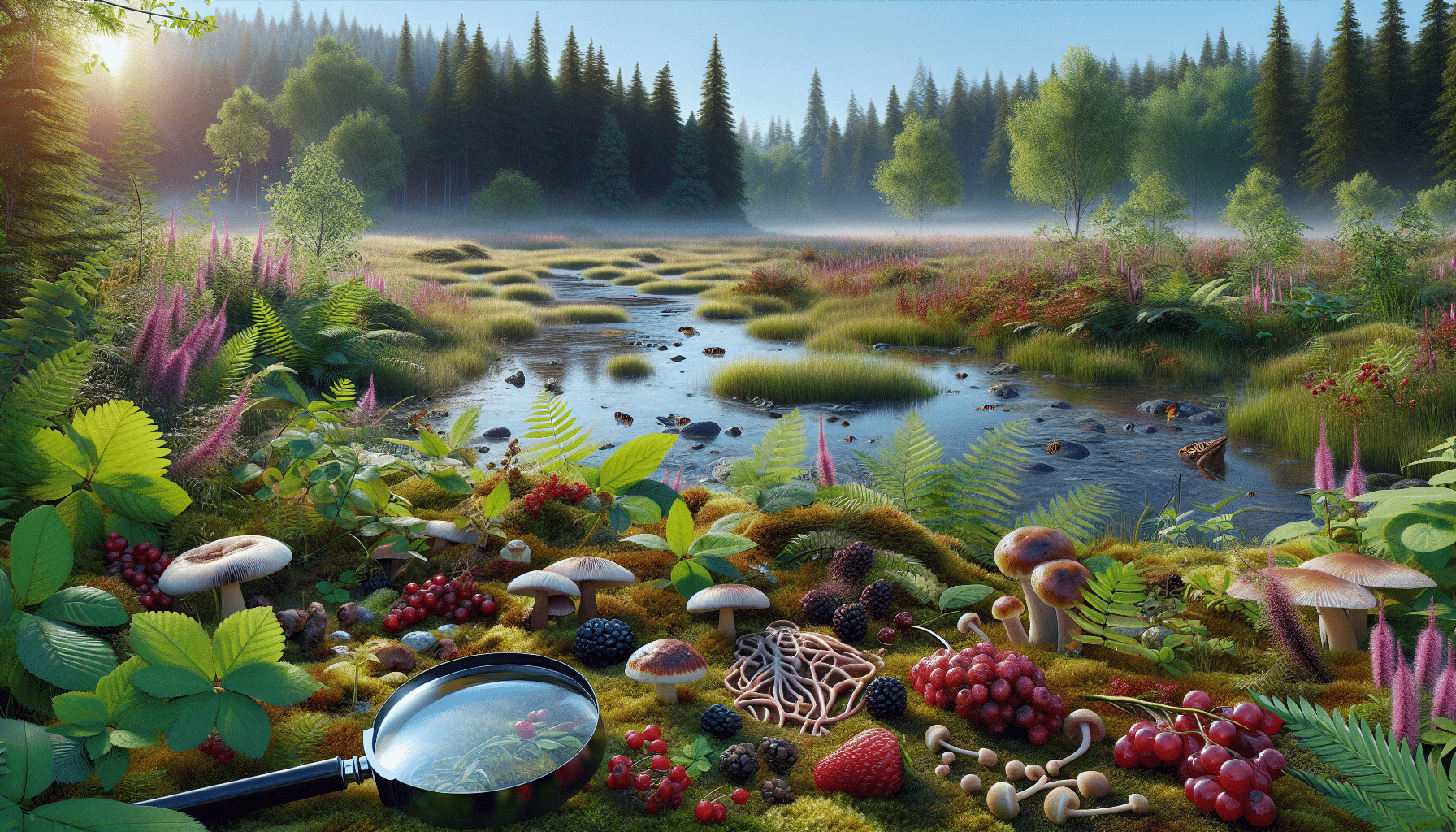 A hyper-realistic image depicting a variety of natural resources in a public land setting. Foreground to showcase an array of edible plants such as berries, mushrooms, and edible wild greens. There is a dense woodland in the background and a sparkling stream flowing through a landscape rich in biodiversity. A close-up shot of animal tracks in the wet mud next to the stream indicates the presence of wildlife nearby. A magnifying glass lies next to the footprints suggesting the meticulous search of the hidden food sources. The sky is clear, indicating that it is a perfect day for foraging.