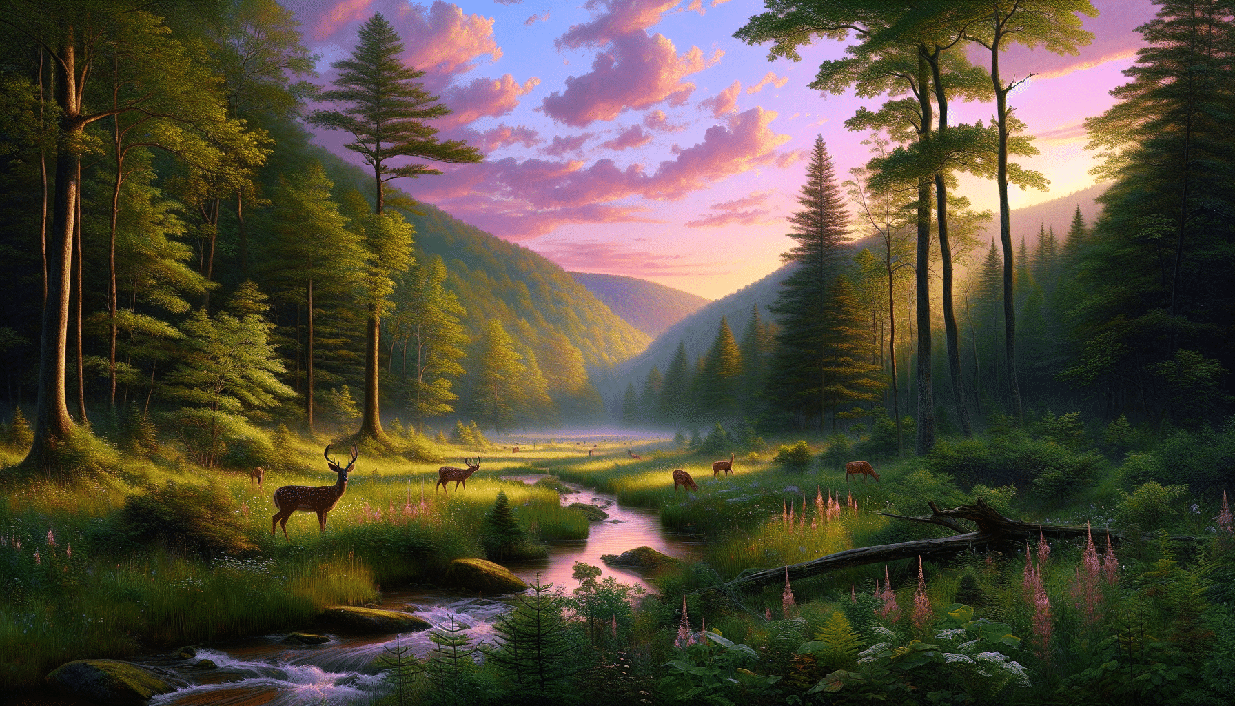 Generate a hyper-realistic image of a serene national forest in the Appalachian mountains. Depict the lush green vegetation under the warm glow of the morning sun. Scatter a few whitetail deer in the distance, grazing on wildflowers and small bushes. Highlight the centuries-old oak and pine trees that tower overhead, their leaves rustling with the faint breeze. The Painted sky above stretches from pink to soft purple, hinting at the early hour. Include a clear stream flowing gently through the landscape, reflecting the stunning forest scenery. Ensure no human presence, text, or brand names are visible.
