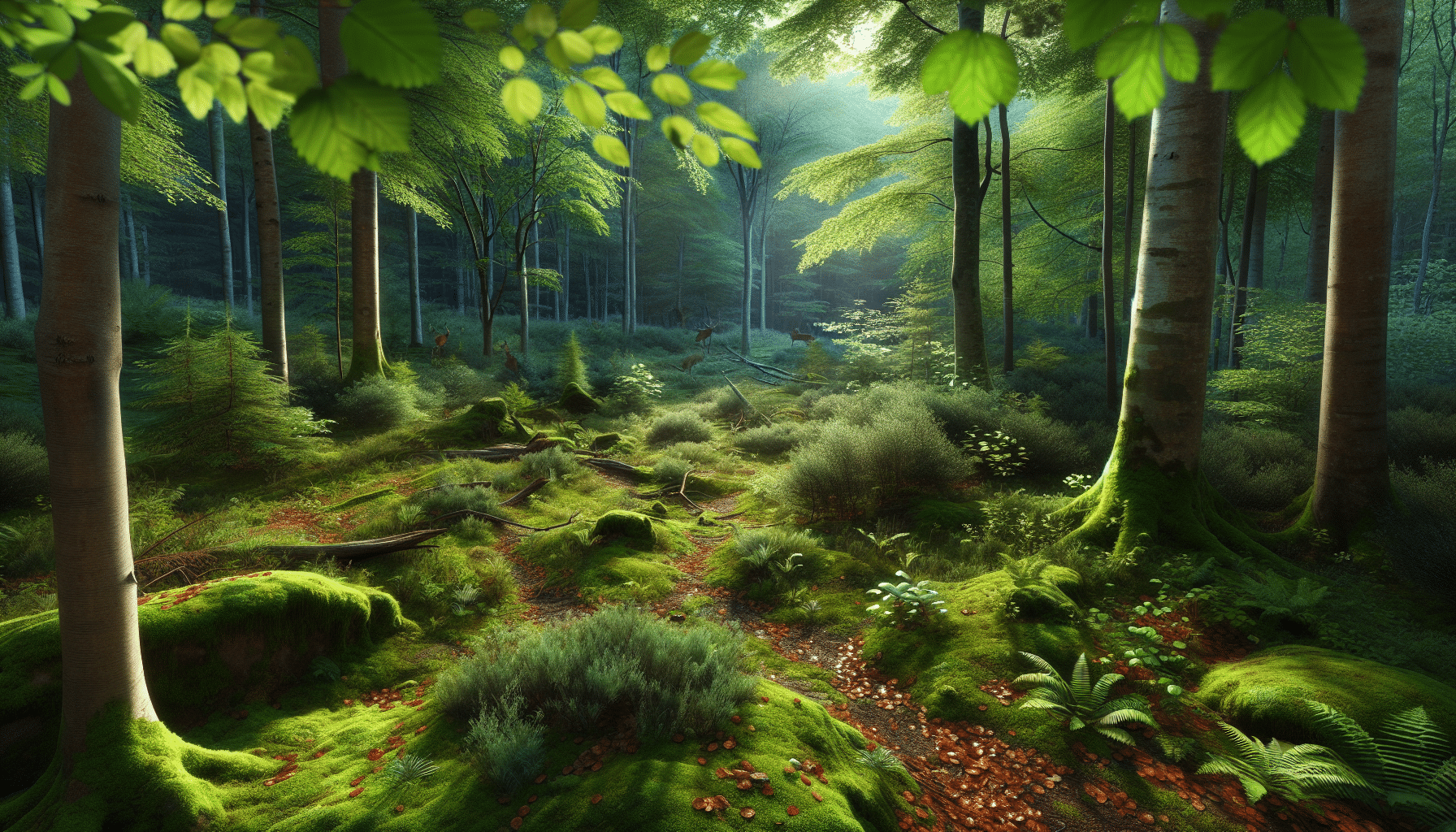 A hyper-realistic image of a tranquil scene within the context of a national forest. The lush, verdant canopy of mixed hardwoods and evergreens gives the impression of pristine wilderness. Dappled sunlight filters down to the mossy forest floor, rich with ferns and undergrowth. Autumn leaves are scattered in places, hinting at a chill in the air. Small clearings reveal subtle signs of deer activity - a nibbled bush, a faint trail, hoof-prints in damp earth. Images of such seemingly random spots convey an unspoken suggestion to the observant eye - these are potential hunting spots within the peaceful expanse of this forest.
