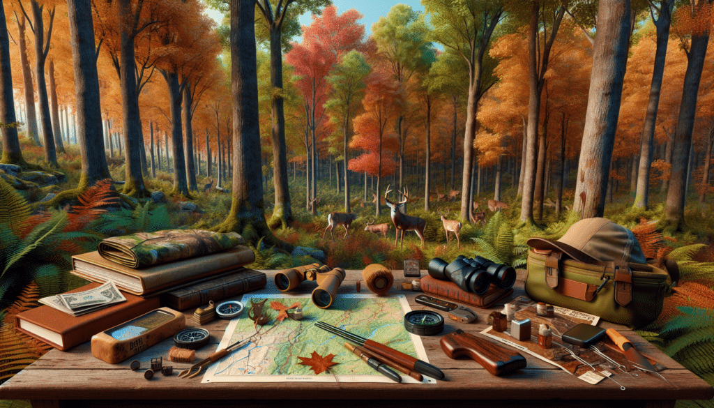A highly realistic scene of Daniel Boone National Forest in autumn. The forest is abundant with multitude of colorful leaves, mature and towering trees, and underbrush. A careful viewer can spot signs of deer presence like tracks, markings, and rubbings on tree bark. There's a focus on various hunting gear and tools precisely laid out on a wooden table: binoculars, a compass, a map of the forest, a hunting license, and a deer call. The sky is clear, providing ample natural light for the scenery. Note: there are no people, texts, brand names or logos in the image.