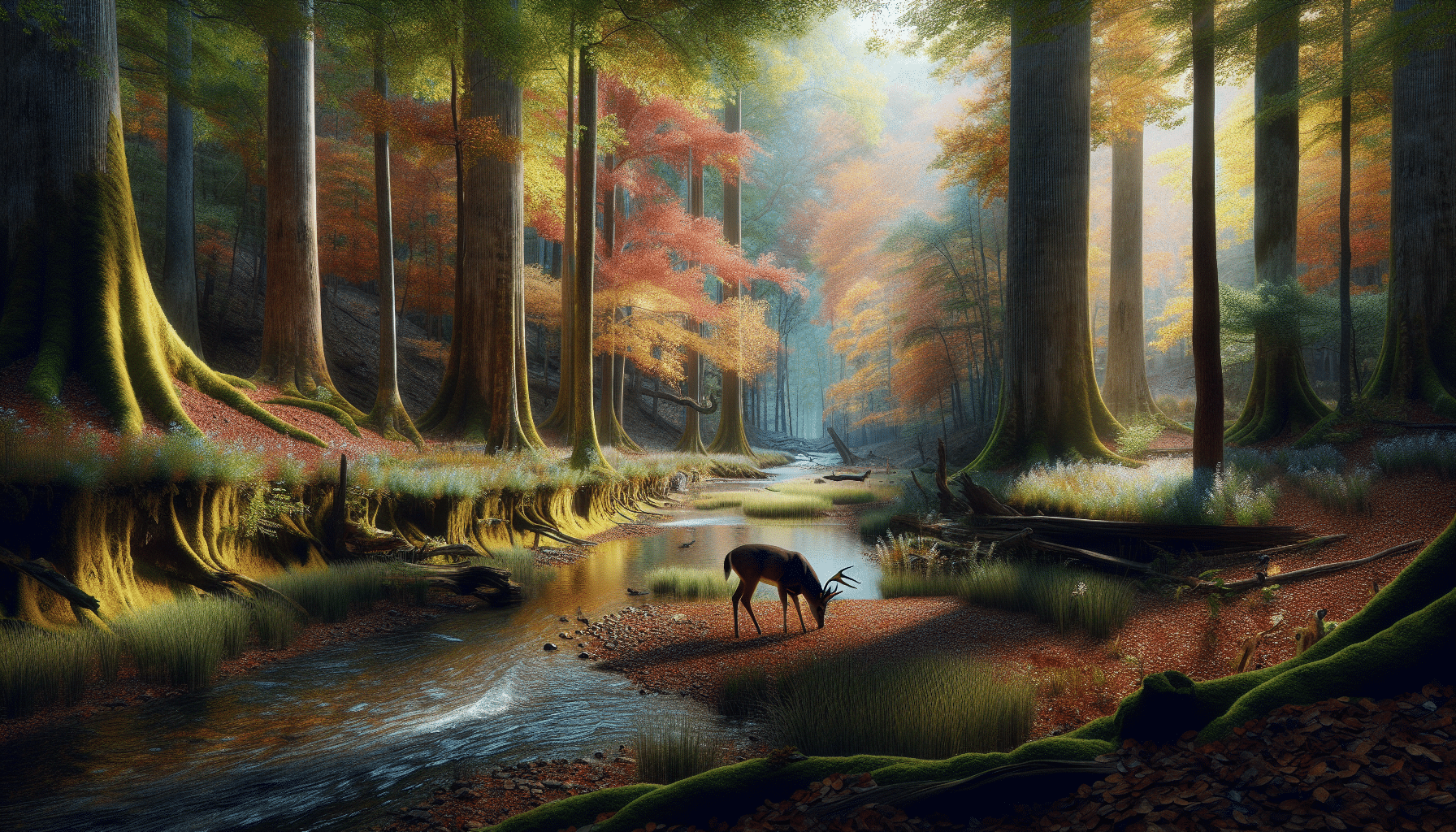 Hyper-realistic imagery of a serene and uncrowded Wildlife Management Area in Georgia, focused primarily on its lush flora and diverse fauna. At the center, show a lone, majestic deer grazing peacefully near a tranquil creek, surrounded by hardwoods showing vivid fall colors. The scenery features diverse textures, from leaf-strewn ground to bark of towering trees. Light filters down through the trees casting dappled shadows across the landscape, enhancing the sense of solitude and tranquility. The image pervades an untouched wilderness, ideal for deer hunting.