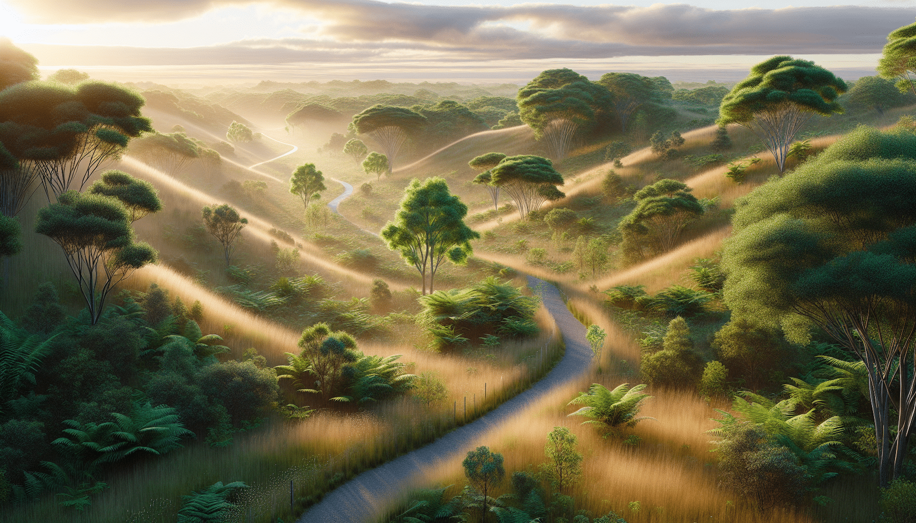 A hyper-realistic image showcasing a serene and uncrowded public land on its opening day. The land is lush with various native trees, their green leaves whispering in the gentle breeze. A narrow footpath, well-trodden but devoid of any visitors, winds its way through the land, disappearing into a distant, gentle hill. The sky overhead is dotted with a few fluffy clouds, casting gentle shadows on the pristine landscape. Faint rays of the morning sun just peek over the horizon, casting a warm, golden illumination on the scene.