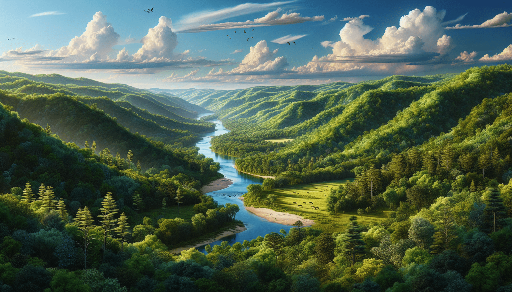 Hyper-realistic image showcasing the beauty of an often overlooked public land in the Missouri Ozarks. The landscape contains lush green forests blanketing undulating hills under a clear blue sky. A serene river snakes its way through the valley, reflecting the brilliant colors of the surrounding nature. There are no people, text, or brand logos in sight. Instead, the focus is on the abundant wildlife such as deer grazing quietly, birds soaring high, and squirrels darting across. The scene is so detailed and vivid, it looks like a photograph.