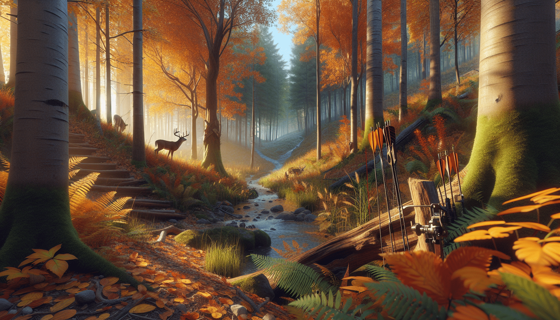 A hyper-realistic depiction of the Chequamegon National Forest during deer hunting season. The visuals should display a serene autumn forest setting with vibrant orange and yellow foliage, a clear blue sky and the gentle slanting light of the early morning sun. Include details that speak to the atmosphere of a hunting expedition: quietly rustling leaves, a ravine disappearing into the quiet woods, and deer tracks leading off into the distance. Subtly incorporate elements that indicate responsible hunting practices, like a safely stowed arrow among the foliage.