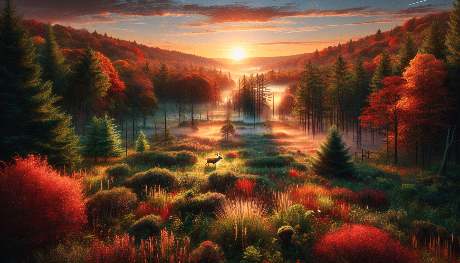 An ultra-detailed, hyper-realistic image of a Pennsylvania state forest at sunrise. A lush forest comprised of diverse types of trees, abundant tall grass and a plethora of wild bushes is dappled with early morning sunlight. The vibrant fall foliage colors the landscape in fiery reds, oranges, and yellows. A gentle mist blankets the forest floor, signalling dawn's arrival. The forest's crown jewel, an adult deer—an embodiment of grace and calmness—stands isolated in the clearing, grazing on the grass. There are no humans, text, or brand logos in the scene