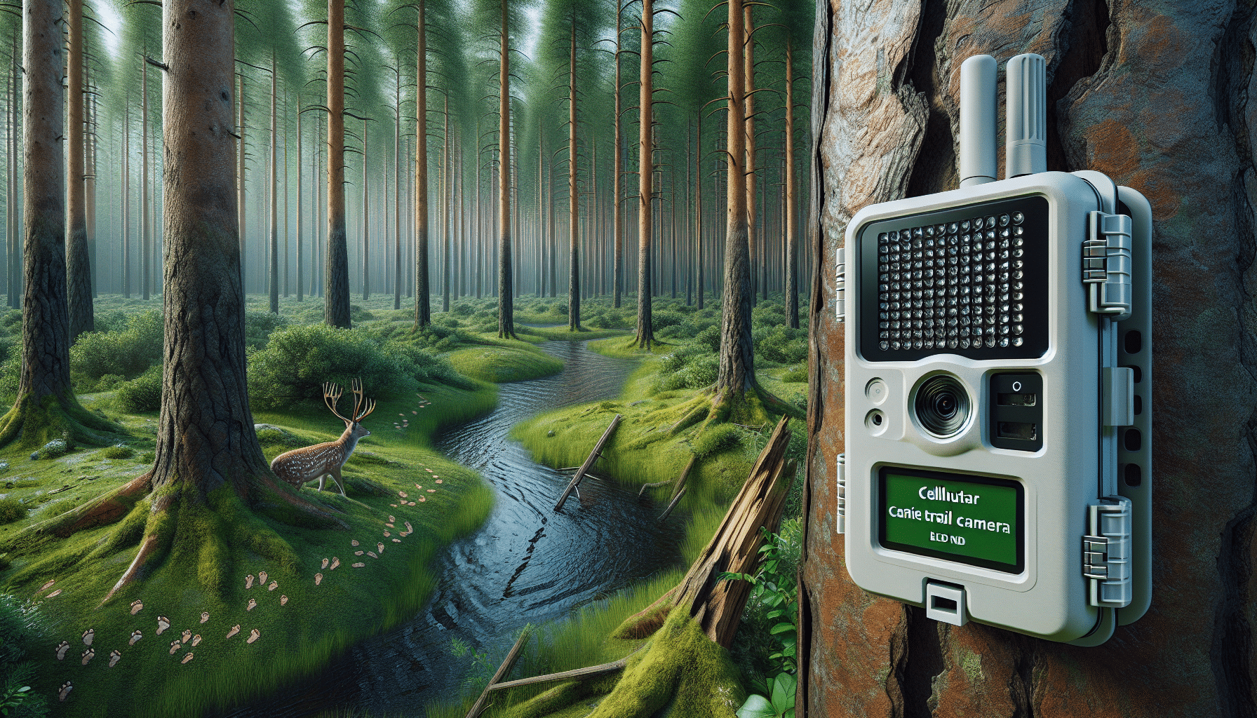 Create a highly detailed and hyper-realistic image of a cellular trail camera. The camera is hanging on the trunk of a dense and towering pine tree in a remote and vast forest. Next to the camera, a small LED screen that usually displays brand info is blank. Fill the rest of the image with elements of wilderness – a gentle, meandering stream, footprints of a deer in the soft mud near the stream's edge, the peeling bark of nearby birch trees, and beyond all that, the dense, lush greenery filling the forest's expanse.