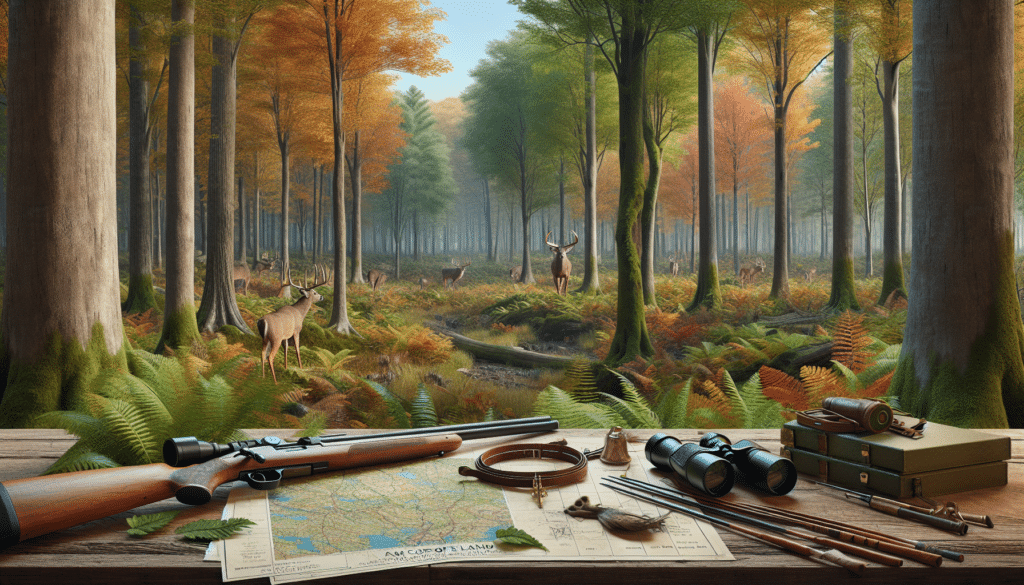 A hyper-realistic image depicting a wilderness scenario located on Army Corps of Engineers Land. The image conveys a sense of tranquillity and transitional seasons, indicating the perfect timing for deer hunting. Shown is a vast dense forest carpeted with a mix of deciduous and coniferous trees, their leaves showcasing the spectrum of warm autumn colors. Peeking through the forest foliage, a few majestic deer can be seen grazing. In the forefront, hunting tools such as a bow and arrow, binoculars, and a map are abandoned on a natural wooden table, suggesting a recent human presence. There are no people, brand names, logos, or text in the image.