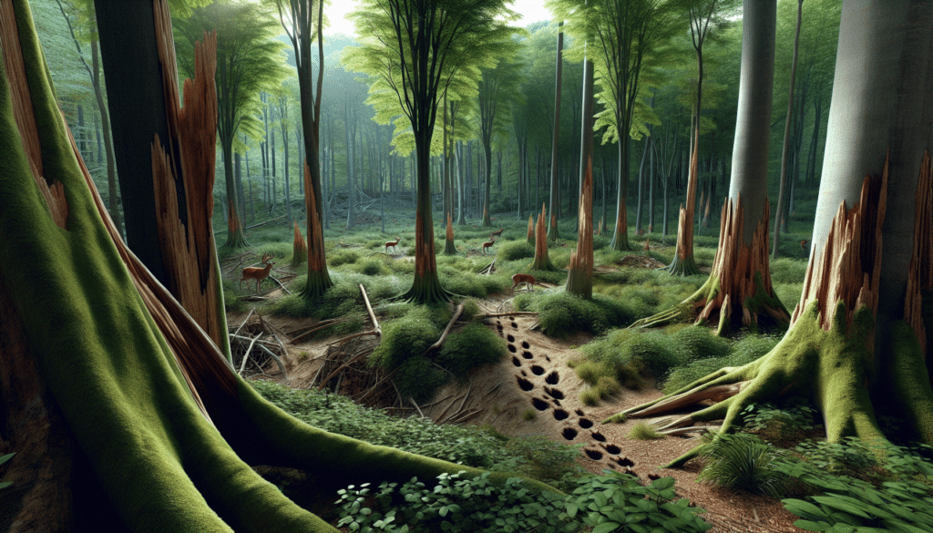 An image displaying several spots in the Allegheny National Forest that are known for deer hunting. The image should include various elements of the forest, such as wide expanses of greenery, towering trees casting long shadows, and areas cleared of vegetation which may serve as ideal hunting spots. In some places, deer tracks can be seen imprinted in the soft earth and there might be signs of deer activity, such as trees with bark rubbed off. The image is to be rendered in a hyper-realistic style, with acute attention to detail, but devoid of any human presence, text, brand names, or logos.