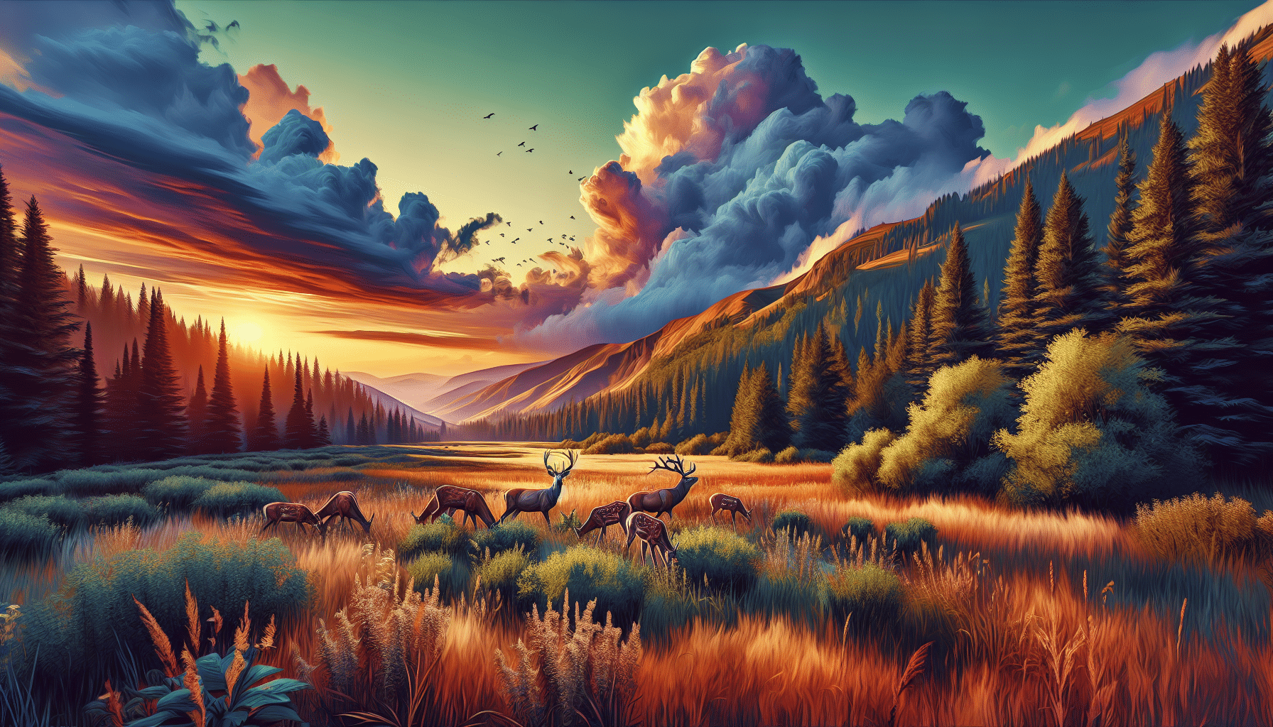 Picture a breathtaking wilderness area in the heart of Montana. Focus on the wildlife details, showcasing a beautiful herd of deer grazing peacefully. Ensure the environment's hyper-realistic representation with every leaf, every blade of grass, and the rugged terrain painstakingly detailed. Illustrate the landscapes known for deer hunting without including any human presence. Consider features like dense forests with foliaceous canopies, rich, lush valleys, and a sky dancing with the colors of the setting sun. Keep the image free of any text or brand logos to preserve the pure, untouched beauty of nature.