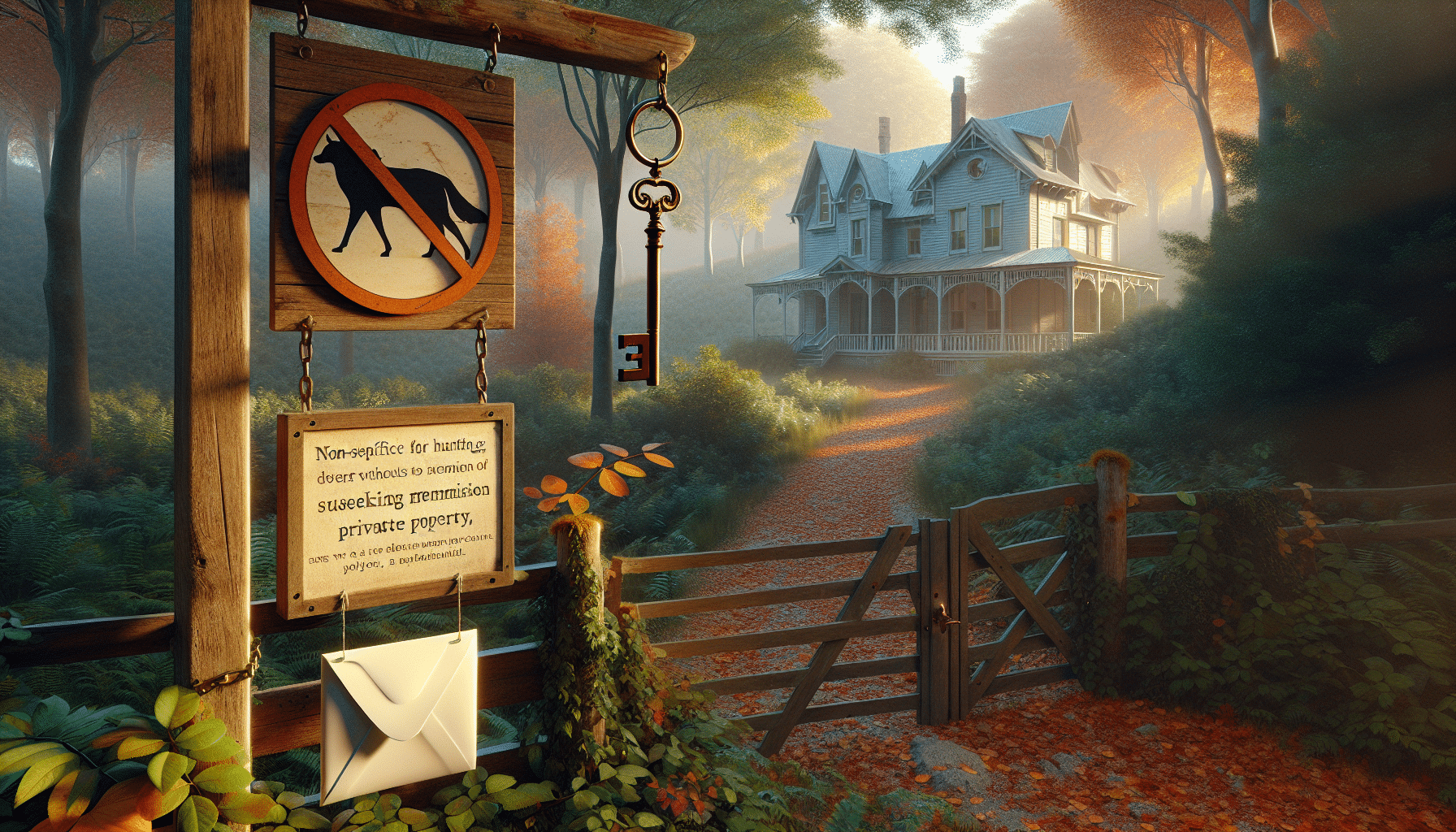 Imagine a hyper-realistic scene representing the seeking of permission for hunting on private property. It's a serene forest bordering a quaint farmhouse which exemplifies private land. A traditional wooden sign at the edge of the forest displays a non-specific emblem symbolizing 'No Hunting', denoting the restriction. Beside it, a suspended letter envelope suggests the means of seeking permission. Lastly, a metaphorical key near the sign reveals the unlocking of access once permission is granted. It's a late autumn afternoon, the setting sun casts a warm glow, with colorful leaves fallen around.