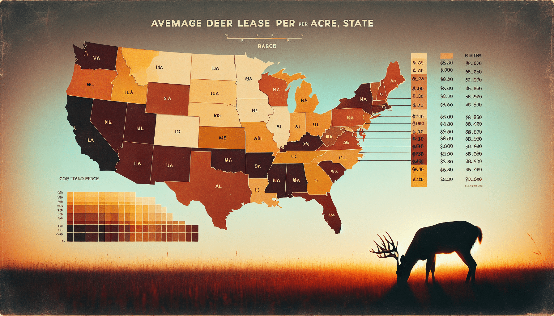 Generate a hyper-realistic image depicting a US map detailing average deer lease price per acre, state by state. Each state should be color-coded to represent the cost range, with the color palette ranging from light beige (representing the lowest price) to dark brown (representing the highest price). Place a gradient scale at the corner of the map to represent cost variations. Beside the map, illustrate a detailed and realistic silhouette of a deer grazing peacefully in an open meadow at dusk, underlining the topic of deer lease. Exclude any human presence, text, logos or brands.