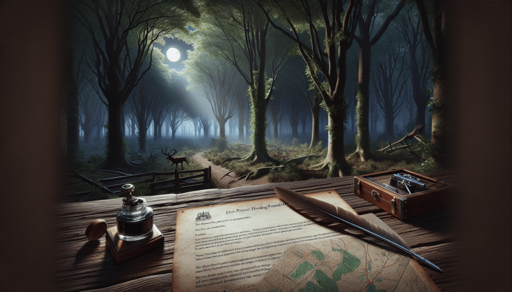 A hyper-realistic image of a serene, untouched forest. Moonlight seeps through the dense network of leaves, casting dynamic shadows on the woodland floor. In the foreground, a map of the area, along with a polite professional letter asking for hunting permission, is placed on an old rustic wooden table, with a traditional feather quill and ink set beside. No logos or brand names are present, just simple, age-old tools for communication. The scene exudes respect for nature and the considered approach to securing hunting rights.