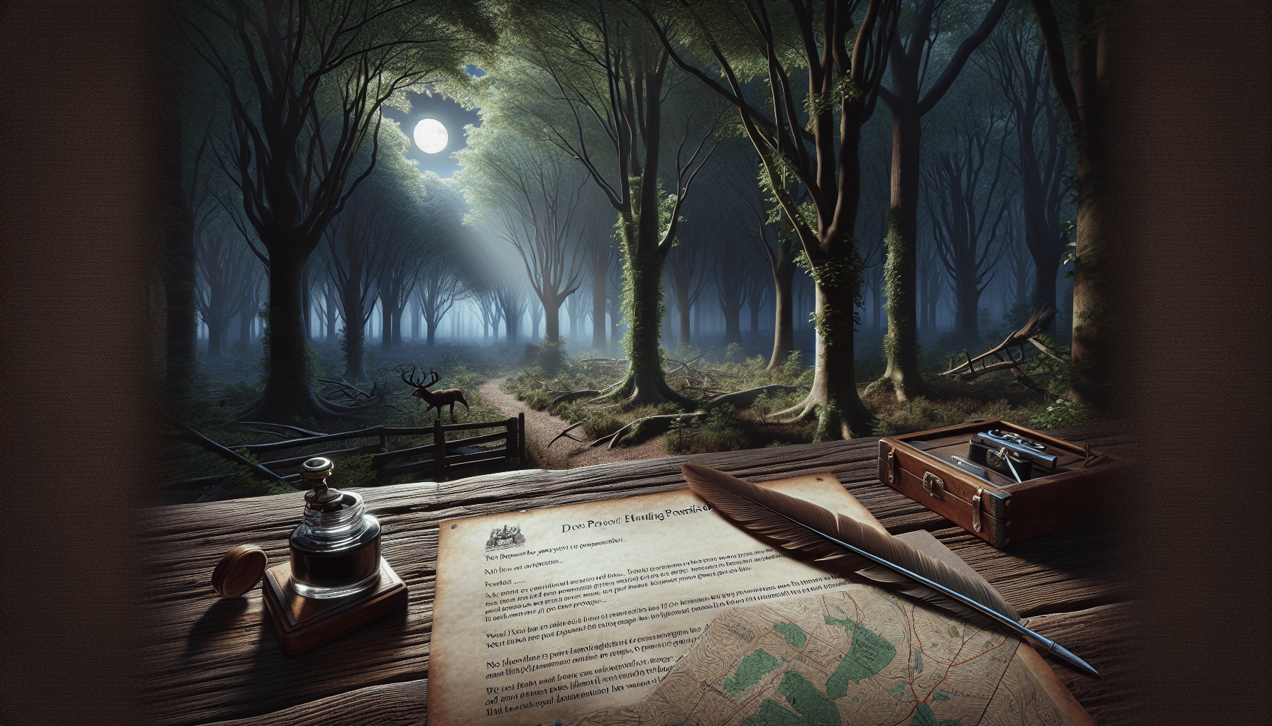 A hyper-realistic image of a serene, untouched forest. Moonlight seeps through the dense network of leaves, casting dynamic shadows on the woodland floor. In the foreground, a map of the area, along with a polite professional letter asking for hunting permission, is placed on an old rustic wooden table, with a traditional feather quill and ink set beside. No logos or brand names are present, just simple, age-old tools for communication. The scene exudes respect for nature and the considered approach to securing hunting rights.